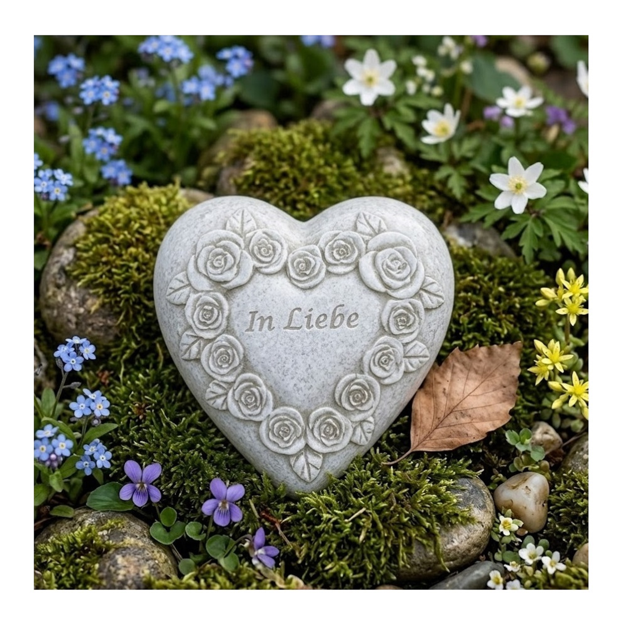 Grabherz Gedenkstein mit Rosenherz- In Liebe - Grabschmuck Grabdeko Trauerherz 8cm