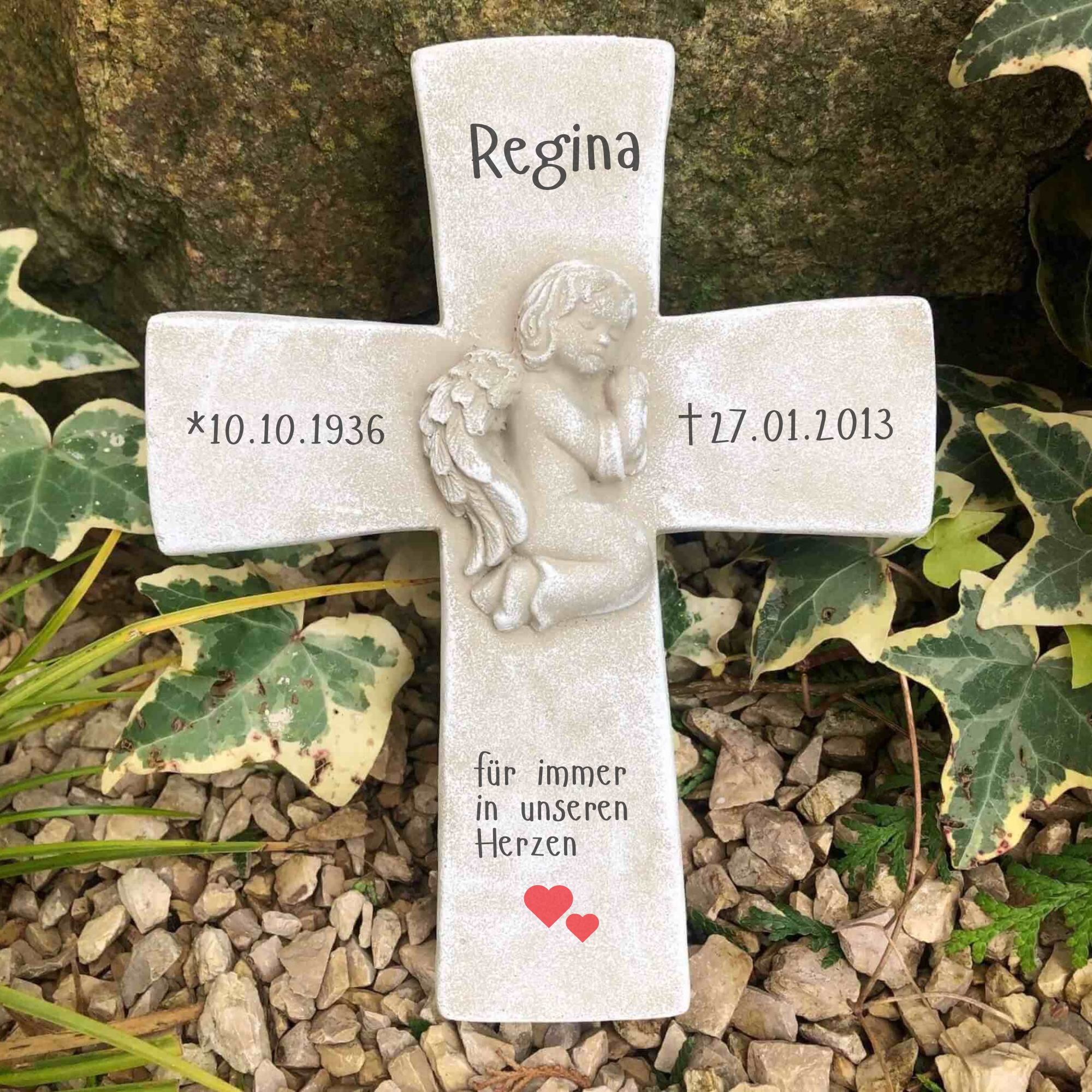 Kreuz mit 3D Engel Grabengel Gedenkstein Grabschmuck Grabdeko 800g und persönlicher Gravur