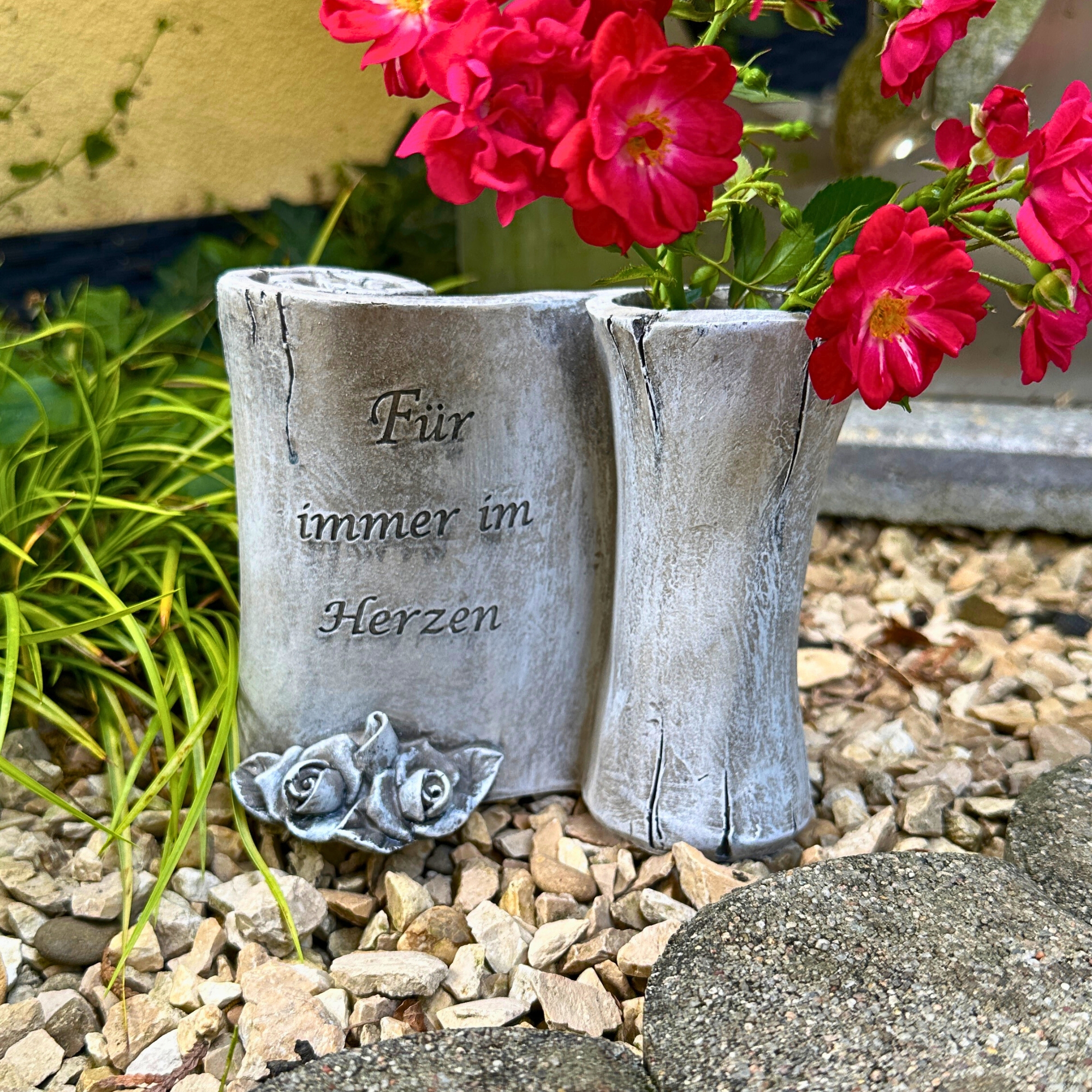 Grabvase Vase für Grab - Für immer im Herzen - Gedenkstein Grabschmuck Grabdeko