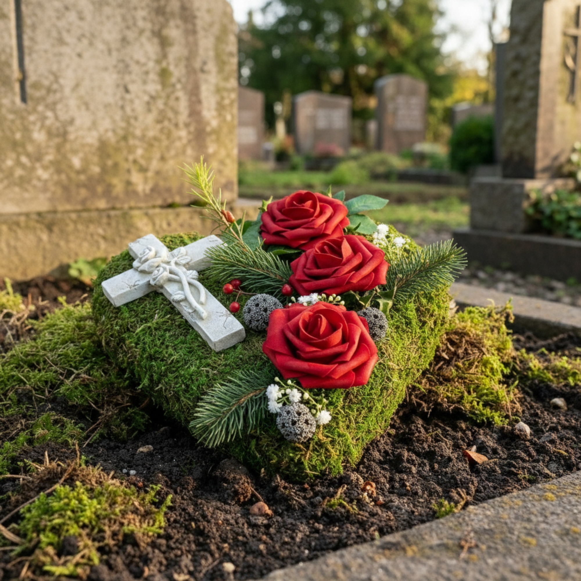 Grabgesteck Moosherz "Kreuz" 3 Rosen rot