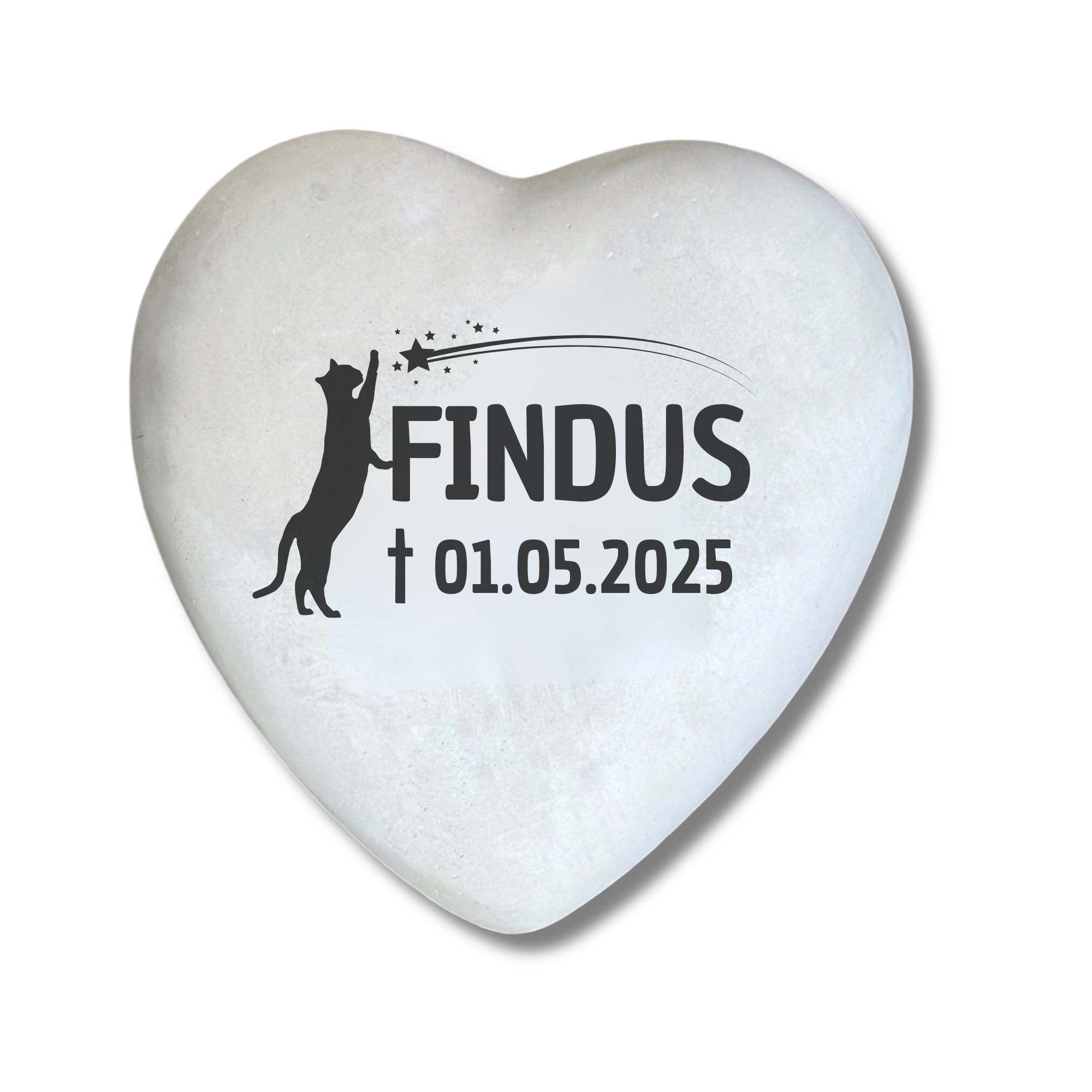 Personalisiertes Katzen Grabherz mit Name – Grabschmuck mit Gravur | 13 cm Steinguss Herz | Andenken, Grabstein, wetterfest