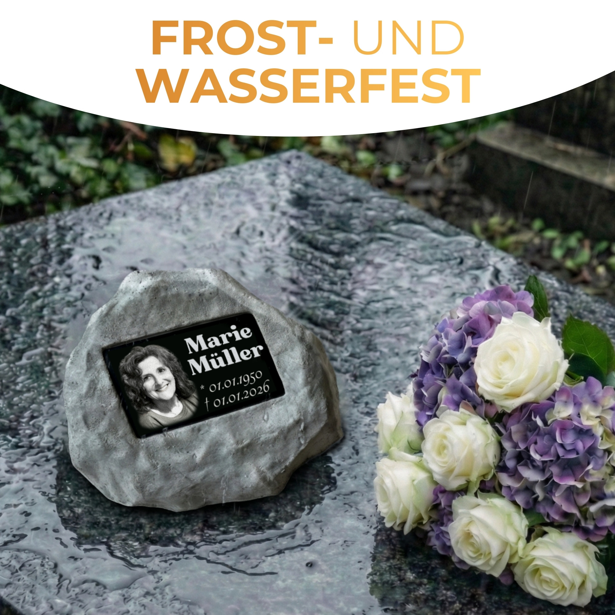 Personalisierter Gedenkstein mit Foto & Gravur | Wetterfester Grabstein aus Steinguss für Außen – Individuelle Grabplatte mit Bild & Namen – Stilvoller Grabschmuck für Friedhof & Garten