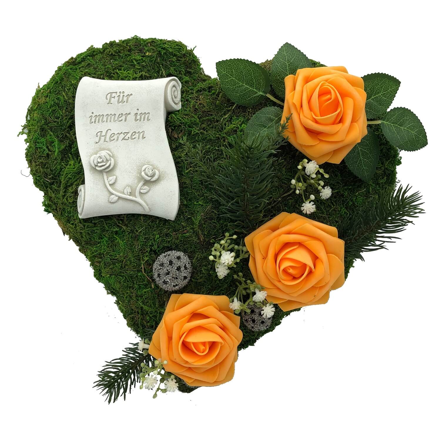 Grabgesteck "Für immer im Herzen" 30cm 3 Rosen orange