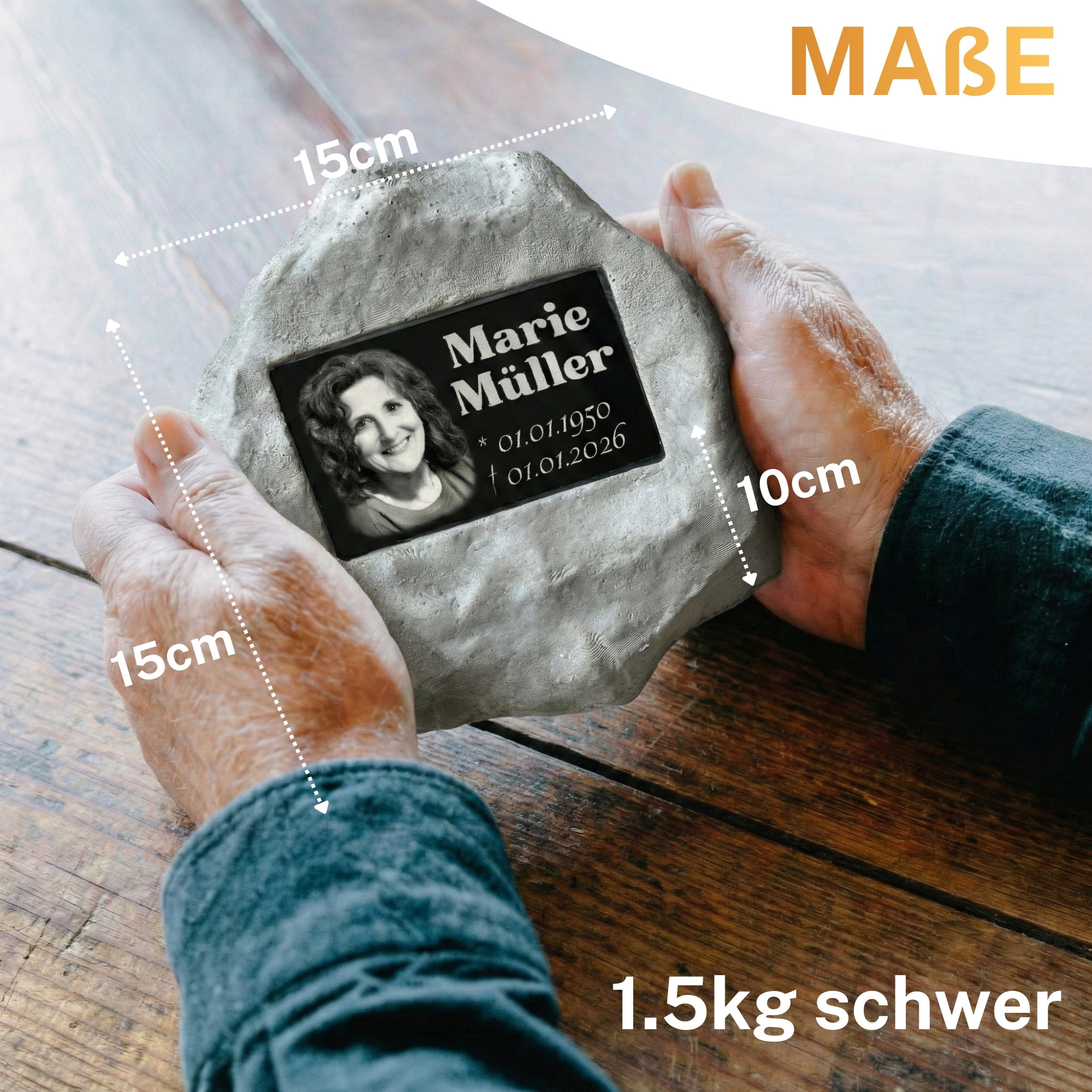 Personalisierter Gedenkstein mit Foto & Gravur | Wetterfester Grabstein aus Steinguss für Außen – Individuelle Grabplatte mit Bild & Namen – Stilvoller Grabschmuck für Friedhof & Garten