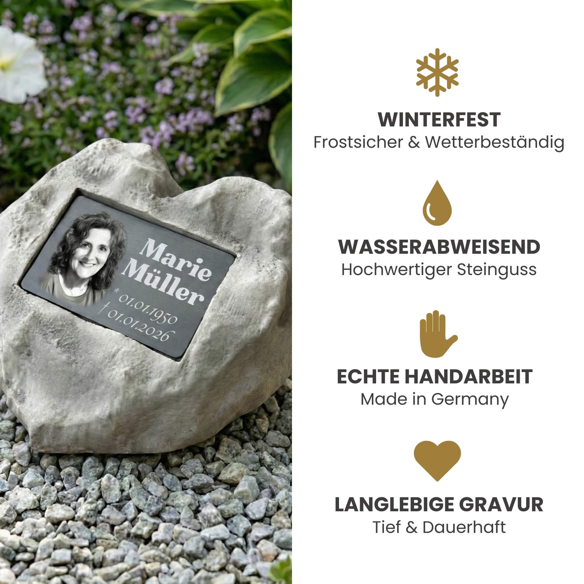 Personalisierter Gedenkstein mit Foto & Gravur | Wetterfester Grabstein aus Steinguss für Außen – Individuelle Grabplatte mit Bild & Namen – Stilvoller Grabschmuck für Friedhof & Garten | Maße