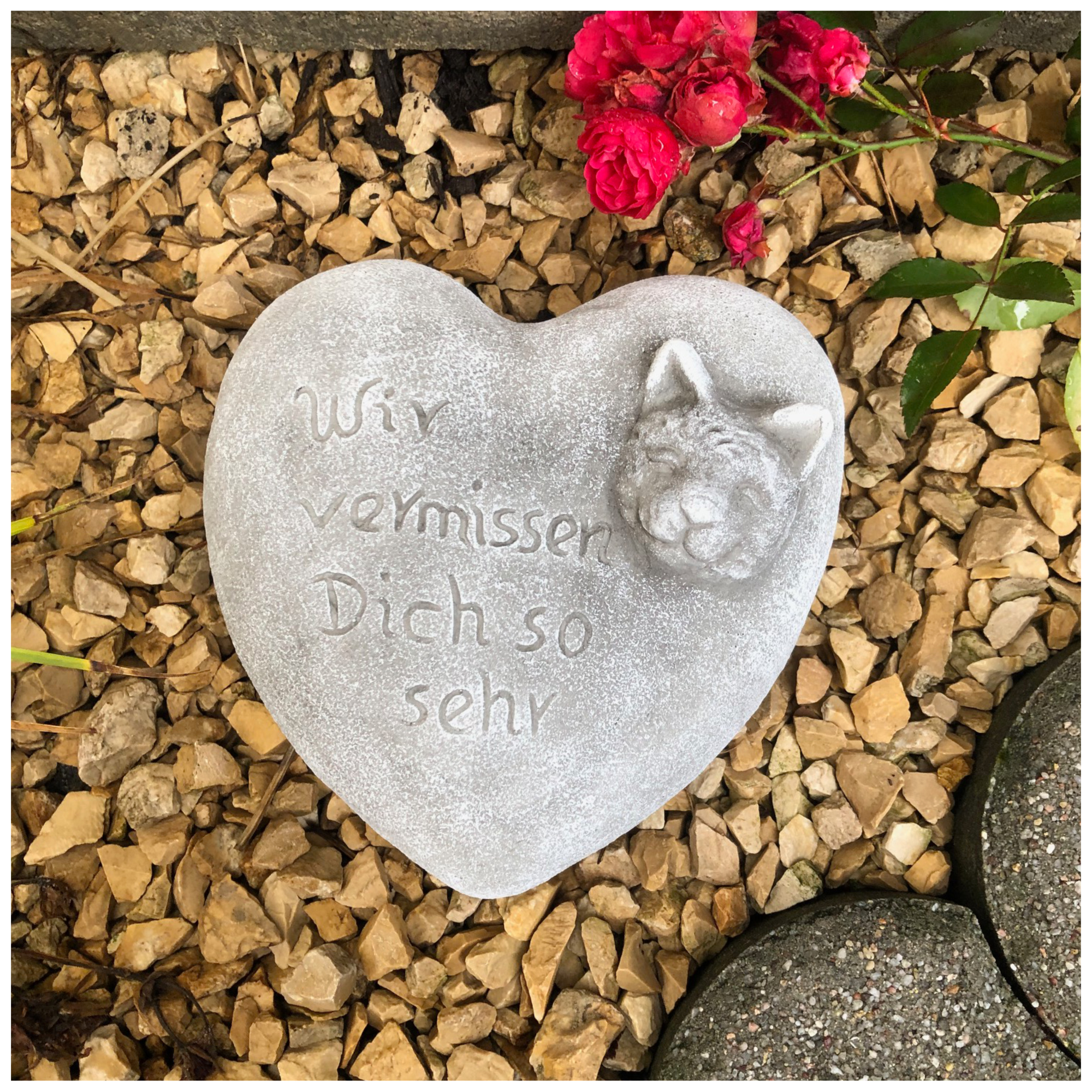 Grabherz Katze Spruch - Wir vermissen Dich - Grabschmuck Dekoherz Steinguss Herz Dunkel