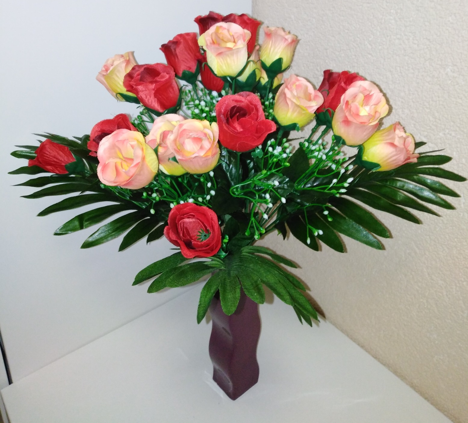 Rosenstrauß Blumenstrauß Rosen künstlicher Strauß Seide Kunstblumen Rot- Aprikot 43cm lang