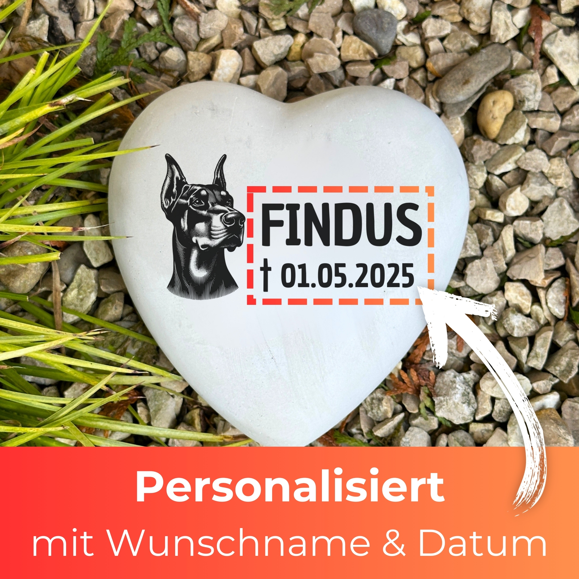 Personalisiertes Hunde Dobermann Grabherz mit Name – Grabschmuck mit Gravur | 13 cm Steinguss Herz | Andenken, Grabstein, wetterfest
