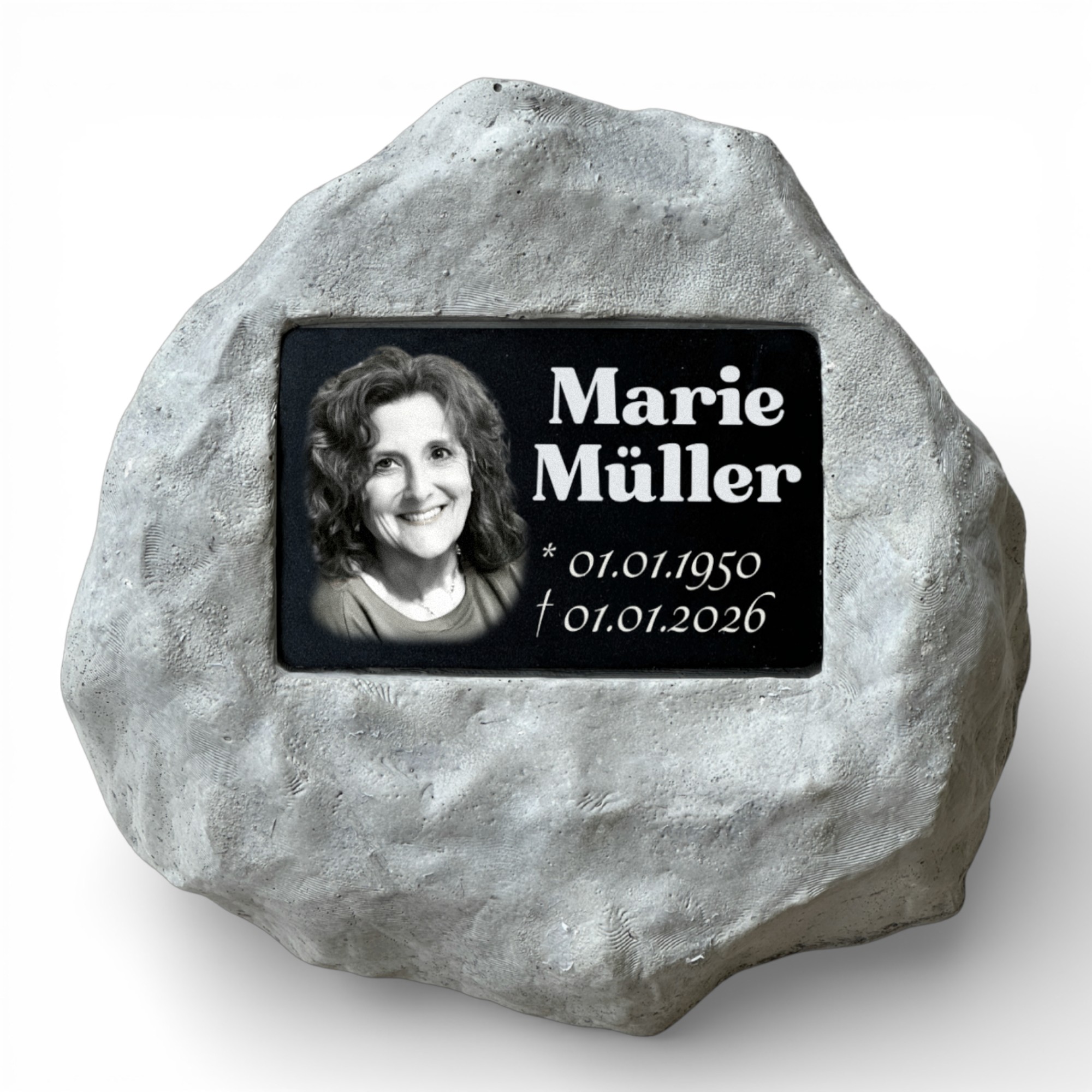 Personalisierter Gedenkstein mit Foto & Gravur | Wetterfester Grabstein aus Steinguss für Außen – Individuelle Grabplatte mit Bild & Namen – Stilvoller Grabschmuck für Friedhof & Garten