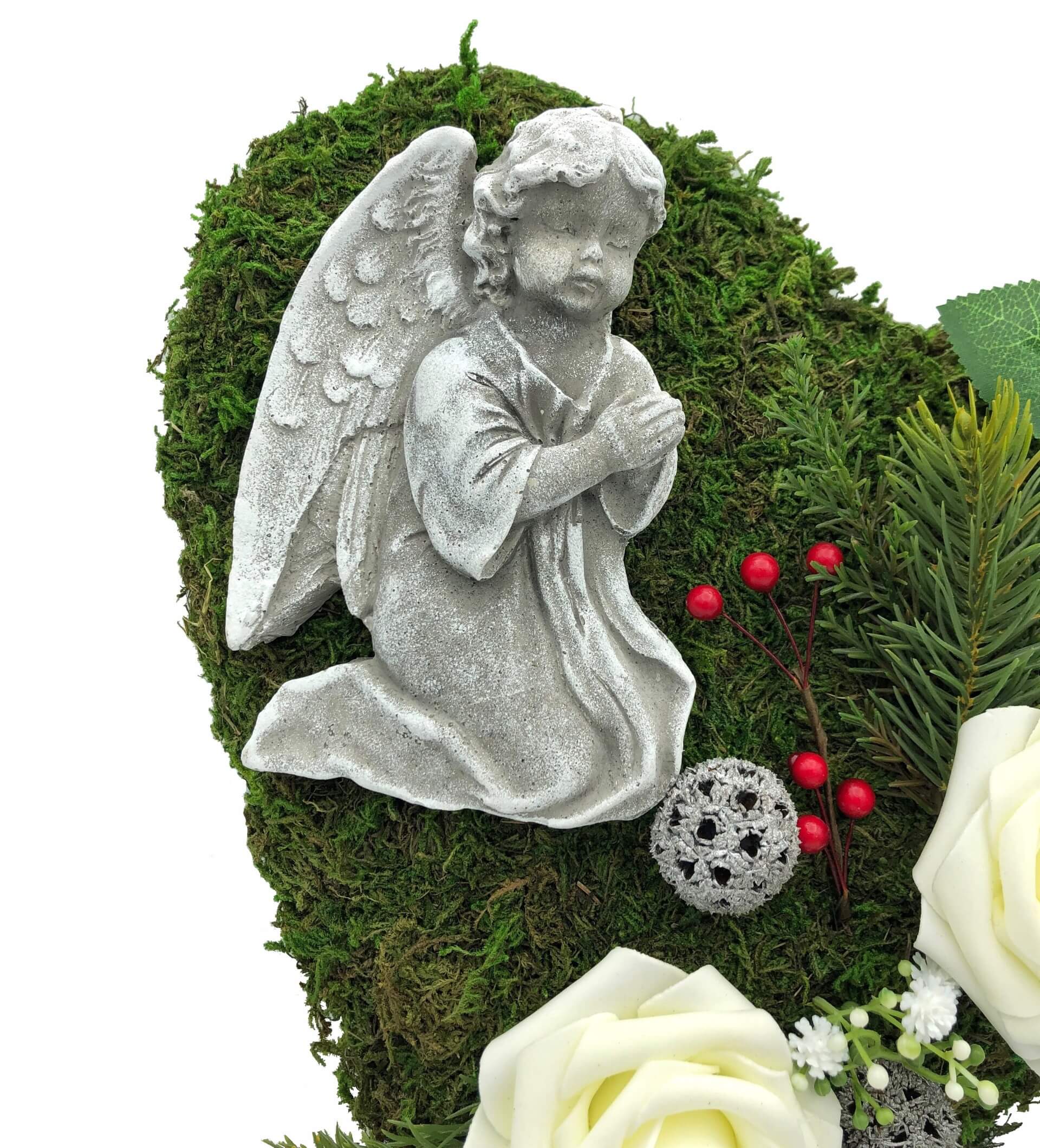 Grabgesteck Gesteck mit Engel - 30cm- 3 weiße Rosen