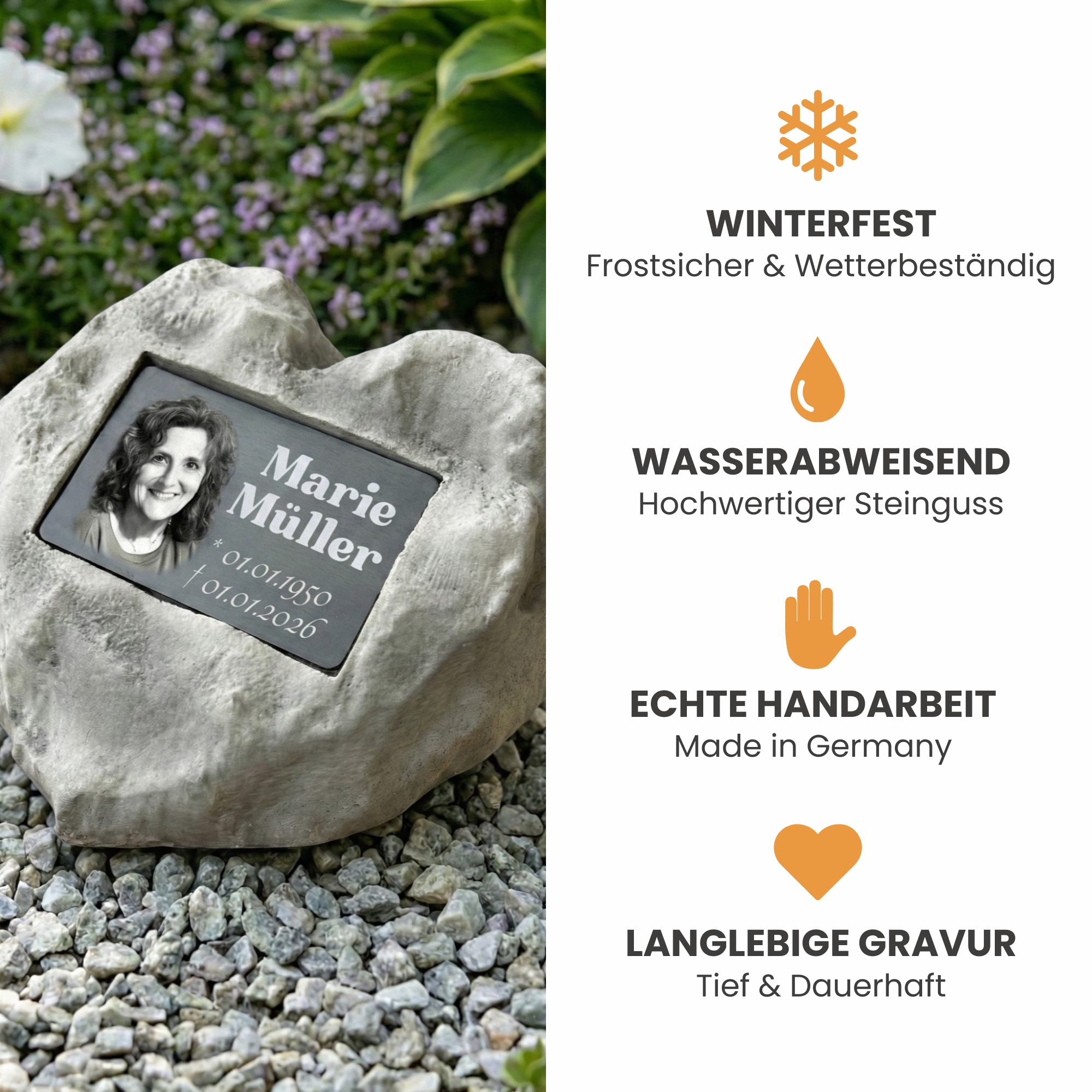Grabherz personalisiert mit Gravur & Foto | Gedenkstein Grabschmuck aus Steinguss – Wetterfest für Friedhof & Garten | mit Name & Wunschtext