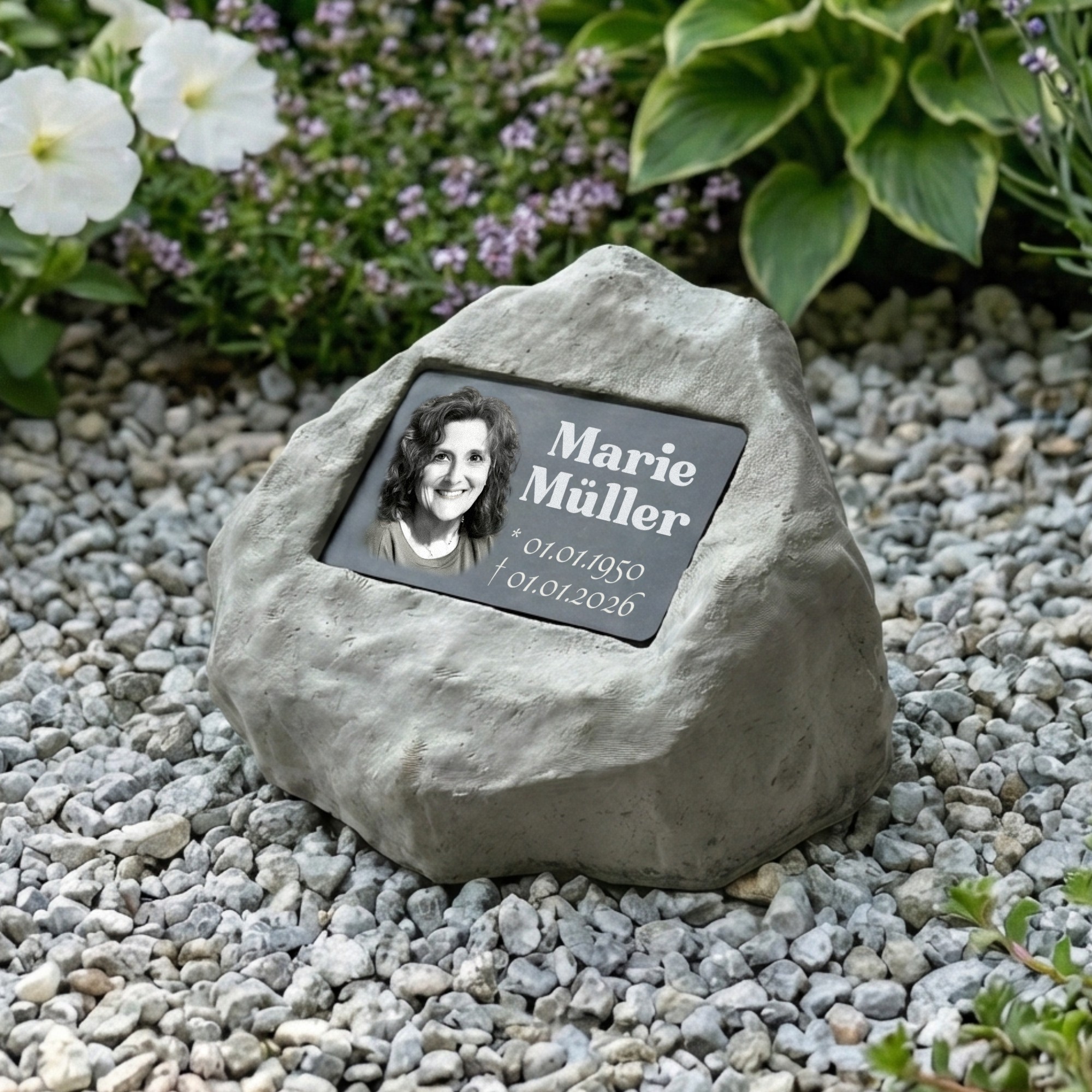 Personalisierter Gedenkstein mit Foto & Gravur | Wetterfester Grabstein aus Steinguss für Außen – Individuelle Grabplatte mit Bild & Namen – Stilvoller Grabschmuck für Friedhof & Garten
