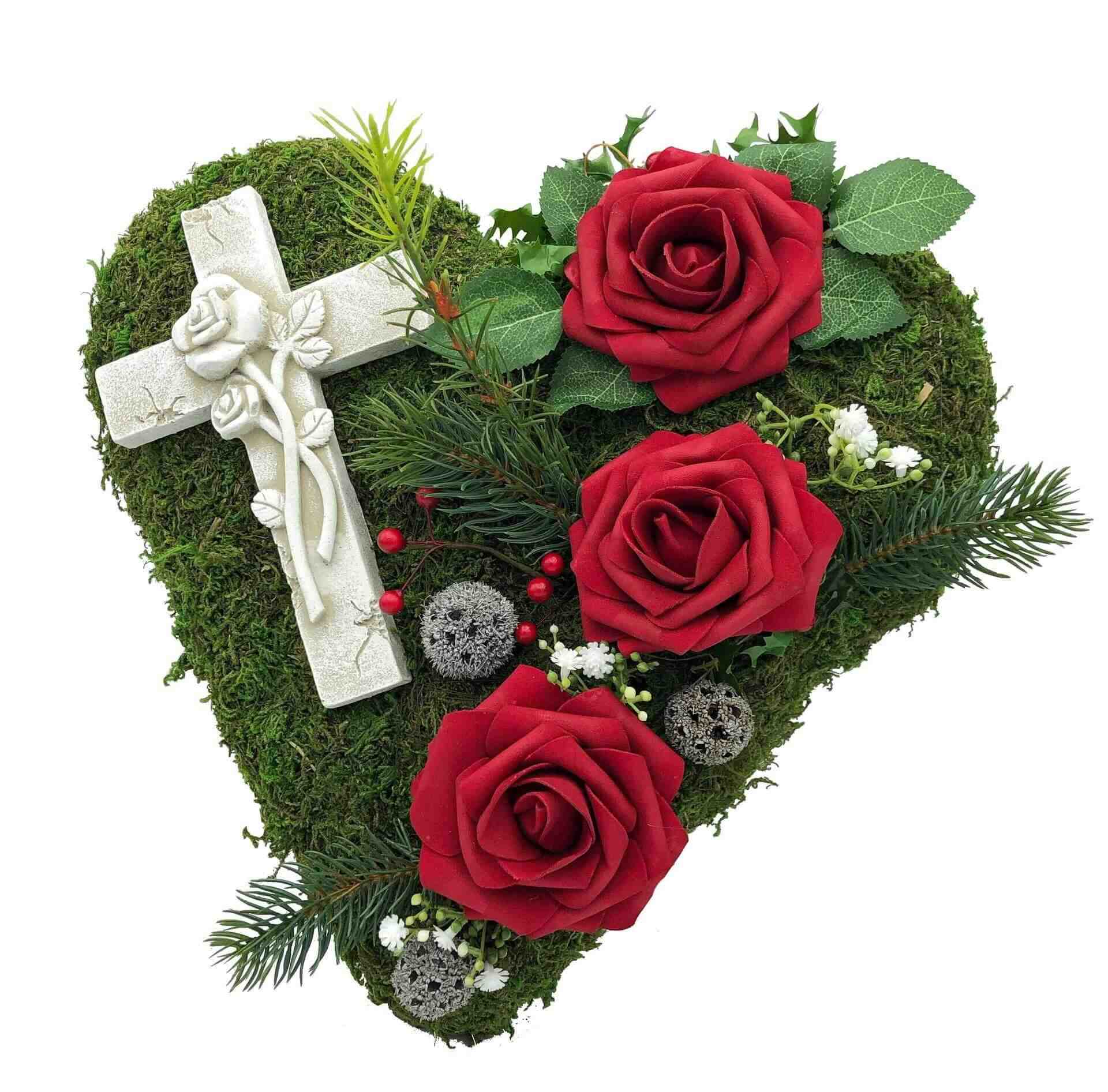 Grabgesteck Moosherz "Kreuz" 3 Rosen rot Grabgesteck Moosherz "Kreuz" 3 Rosen rot