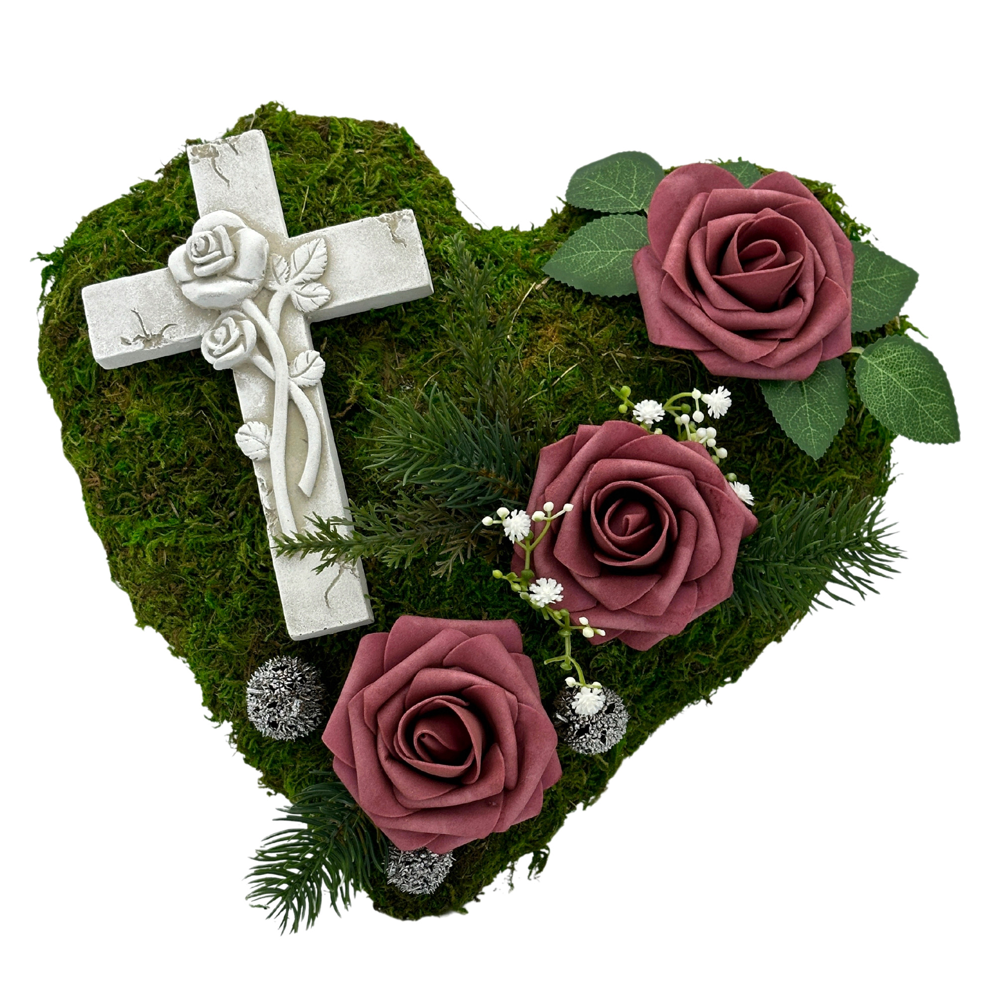 Grabgesteck Moosherz "Kreuz" 3 Rosen bordeaux