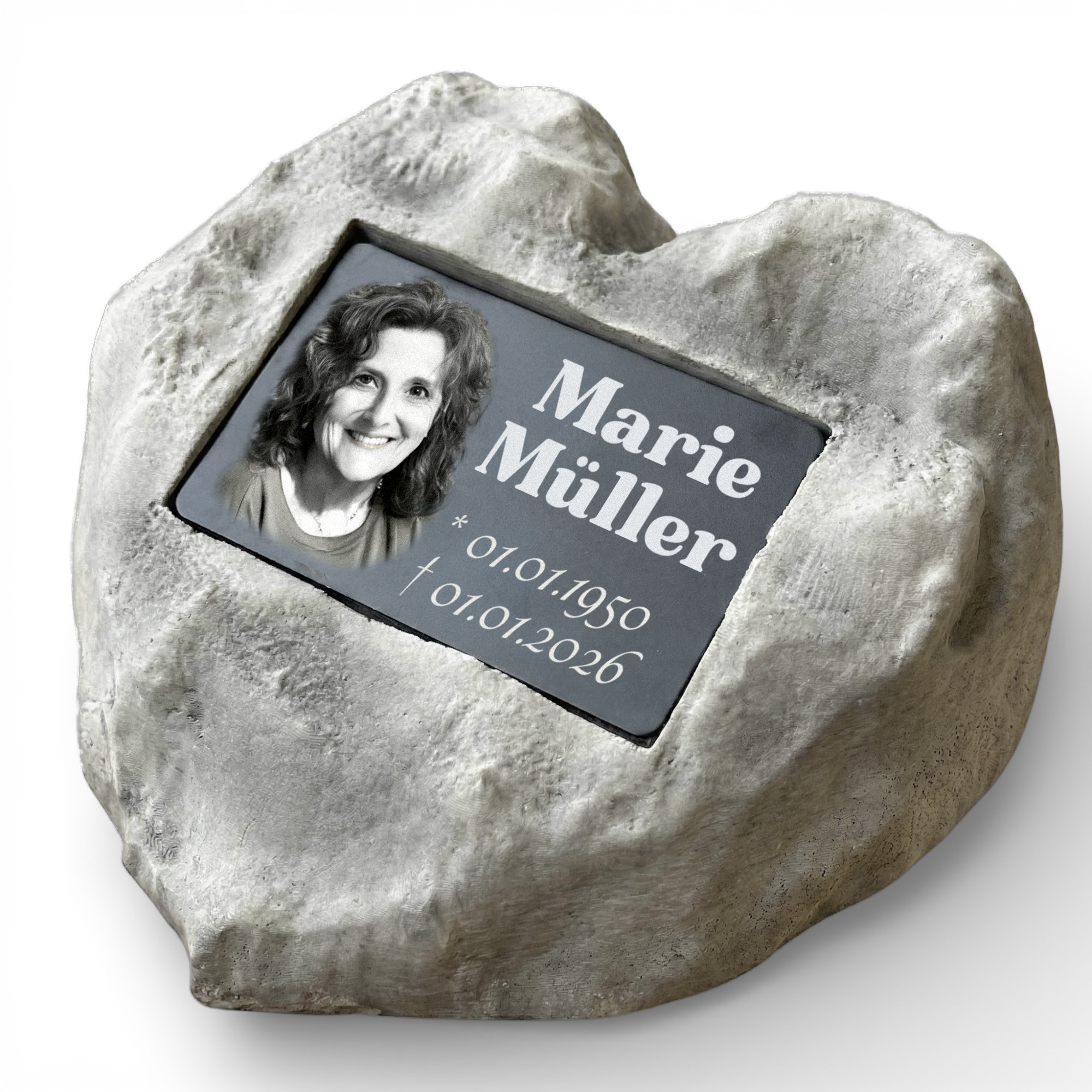 Personalisierter Gedenkstein mit Foto & Gravur | Wetterfester Grabstein aus Steinguss für Außen – Individuelle Grabplatte mit Bild & Namen – Stilvoller Grabschmuck für Friedhof & Garten | Maße