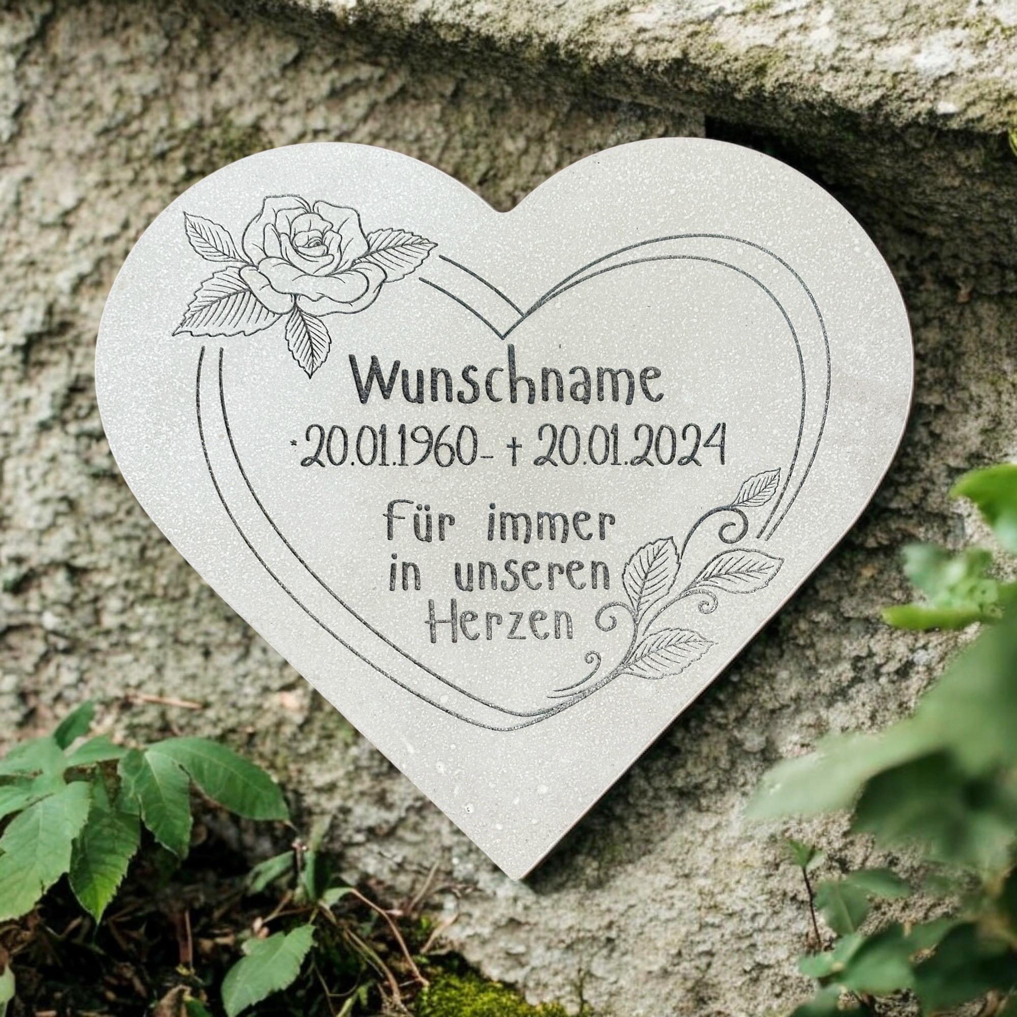 Herz Grabherz mit Rosenranke und Individueller Gravur/Wunschtext- Gedenkstein Grabschmuck Dekoration 19cm Steinguss Natur