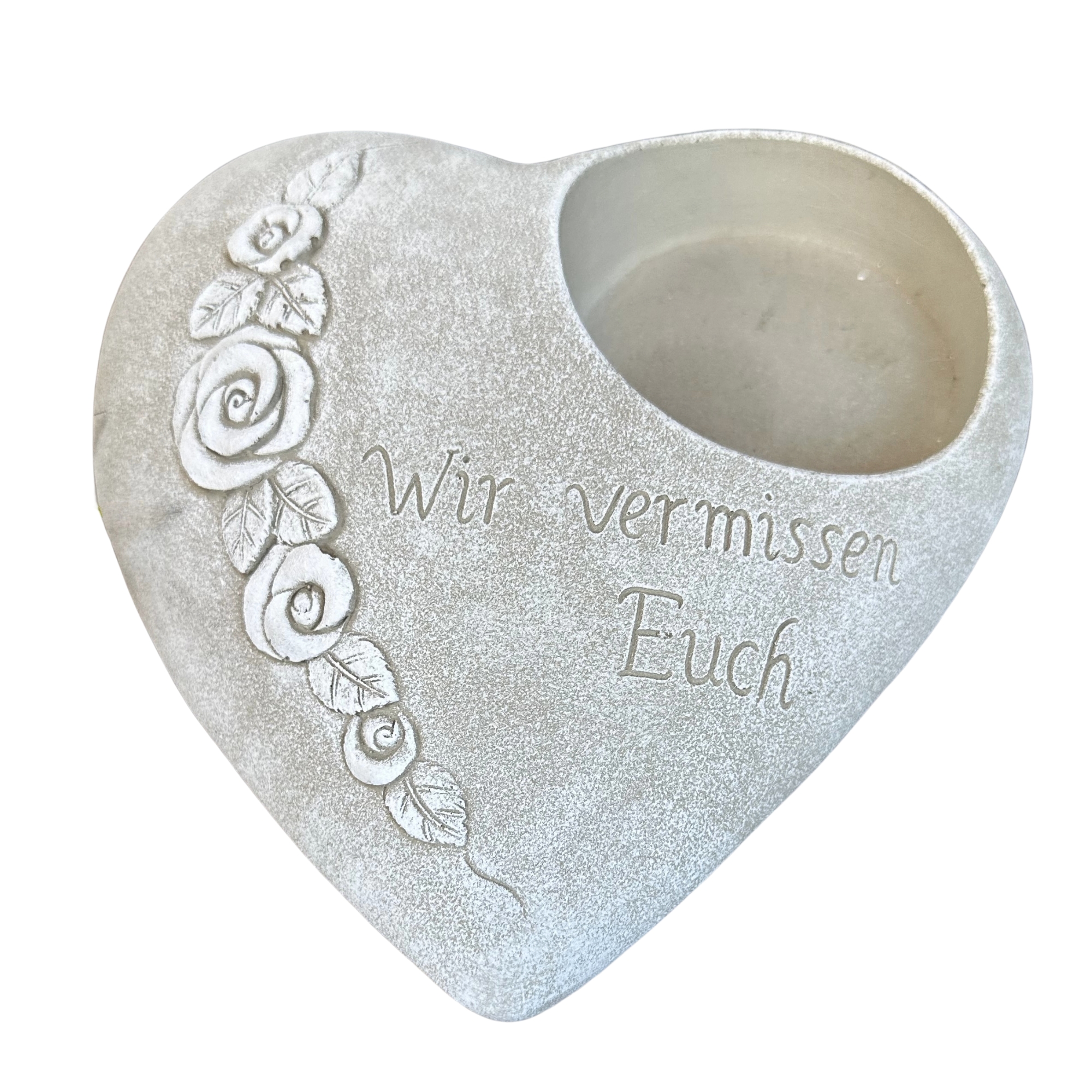 Grabherz Rosenranke - Wir vermissen Euch - Grabschmuck Gedenkstein Trauerherz für  Grablicht weiß 1,8 kg