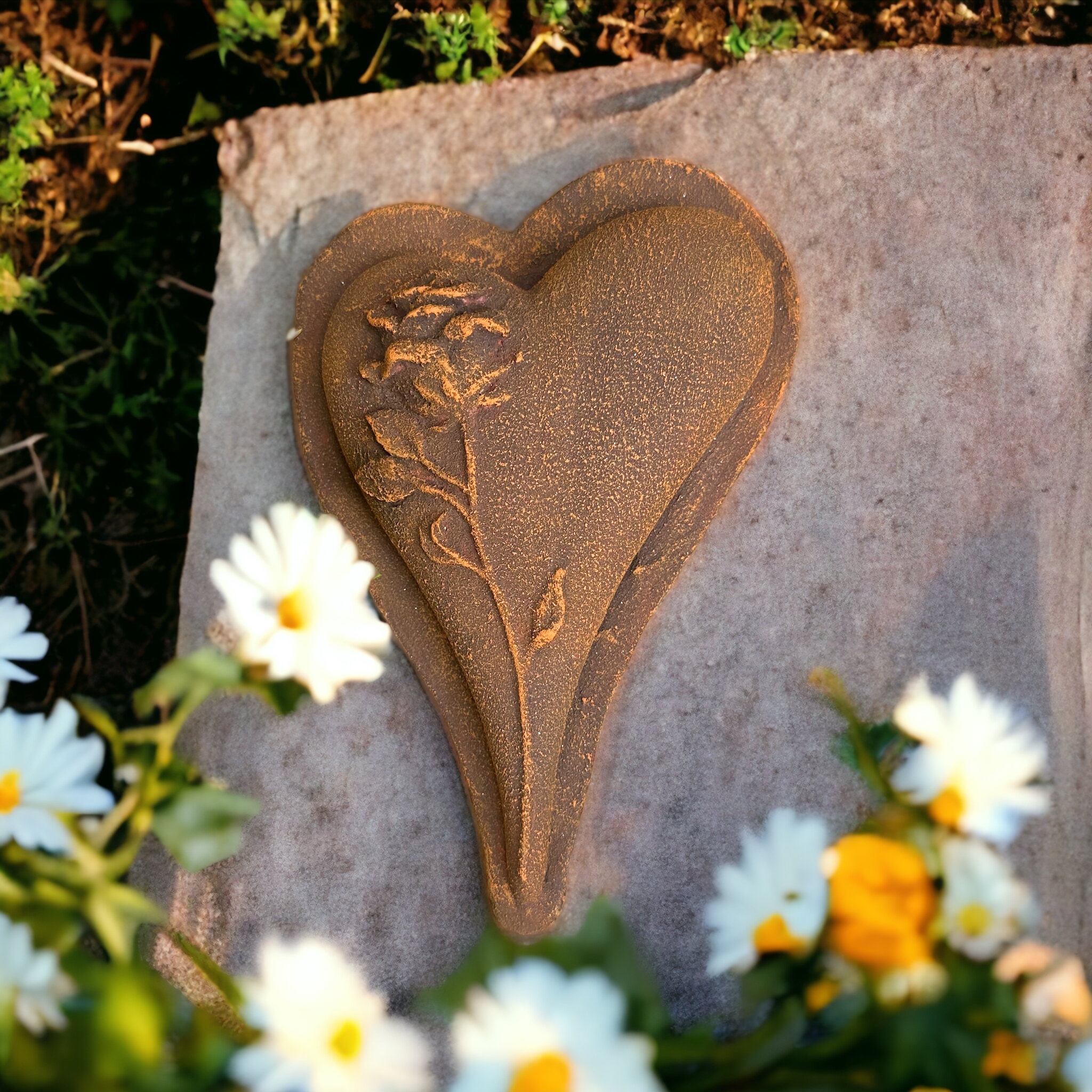 Grabherz Herz mit Rose Grabschmuck Dekoherz Dekoration Trauerherz Rost Optik asym.
