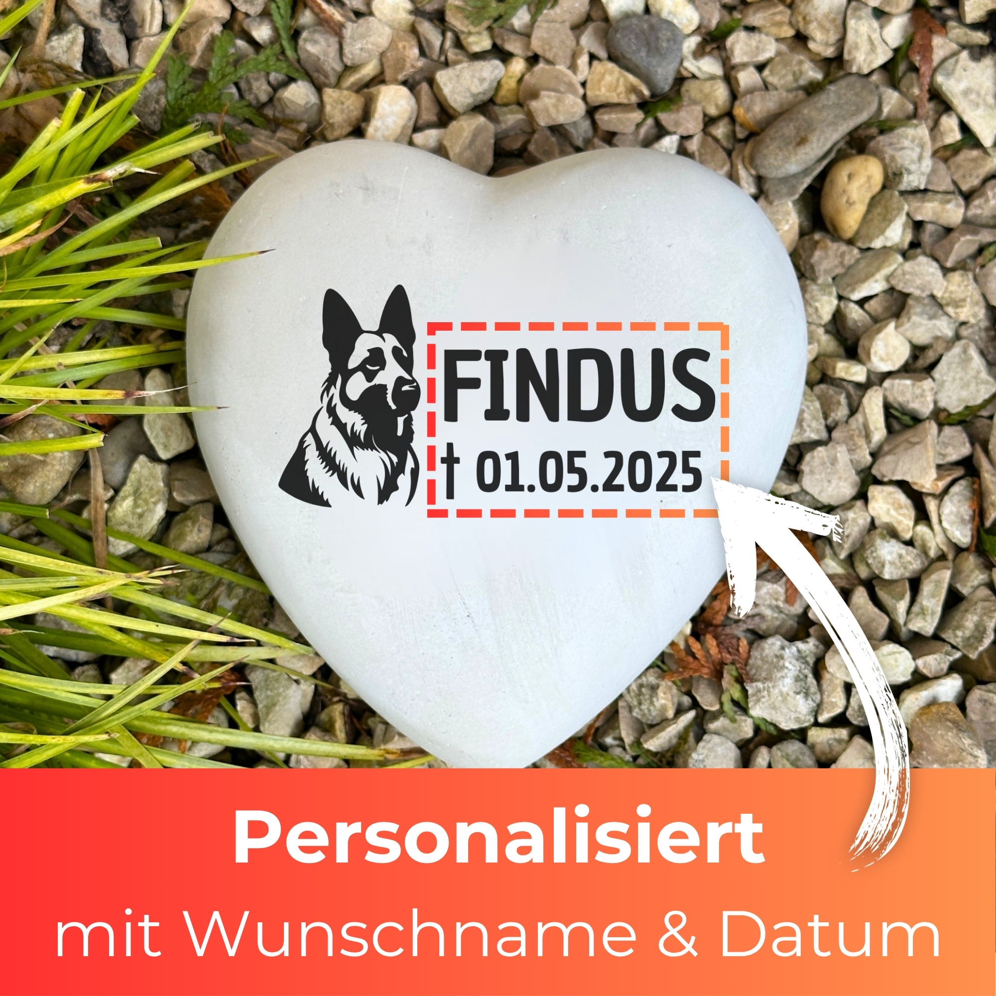Kopie von Personalisiertes Hunde Schäferhund Grabherz mit Name – Grabschmuck mit Gravur | 13 cm Steinguss Herz | Andenken, Grabstein, wetterfest #1