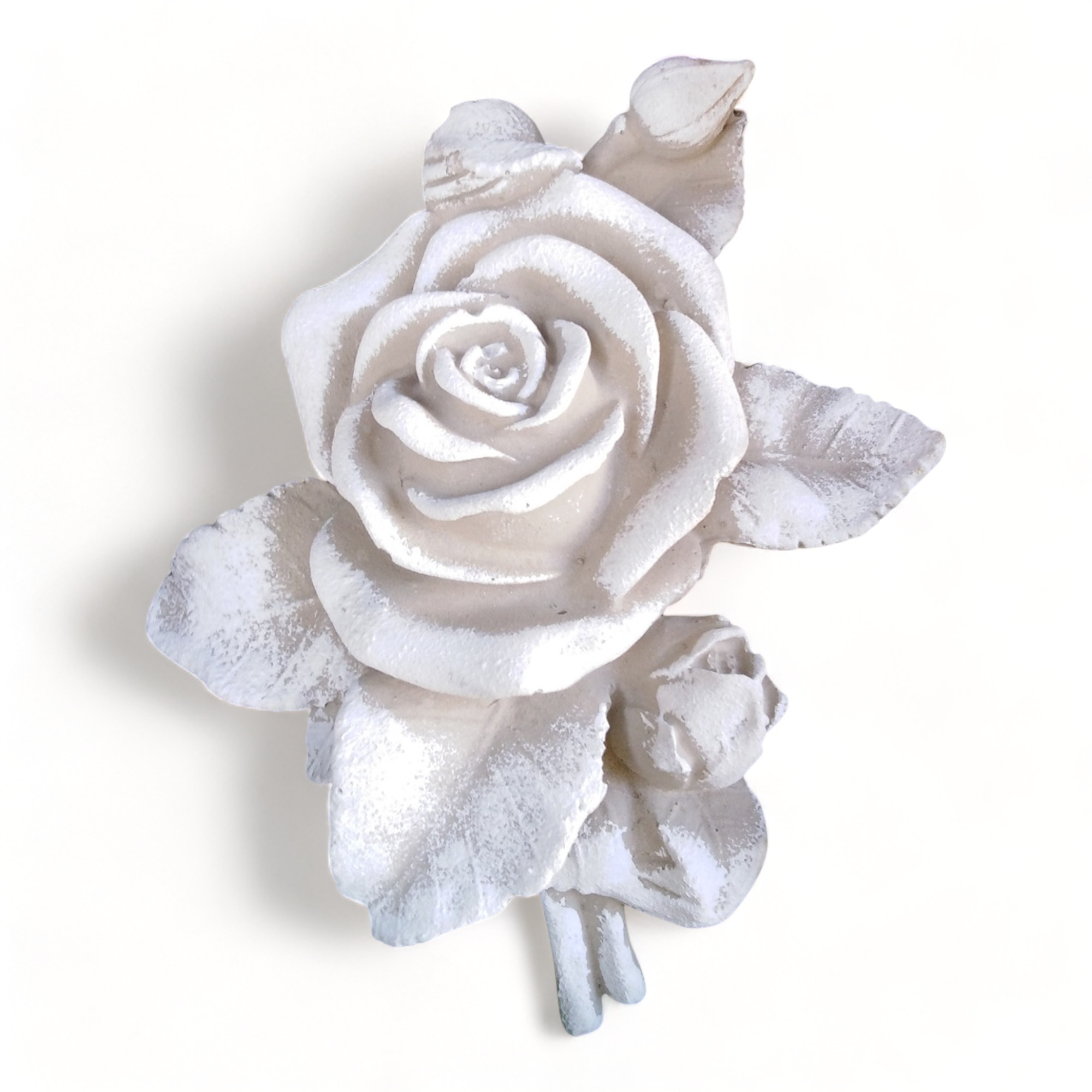 XL Rose mit Stiel Rosenblüte auch Grabdekoration Grabschmuck Steinguss 16cm grau/weiß, ca.360 g