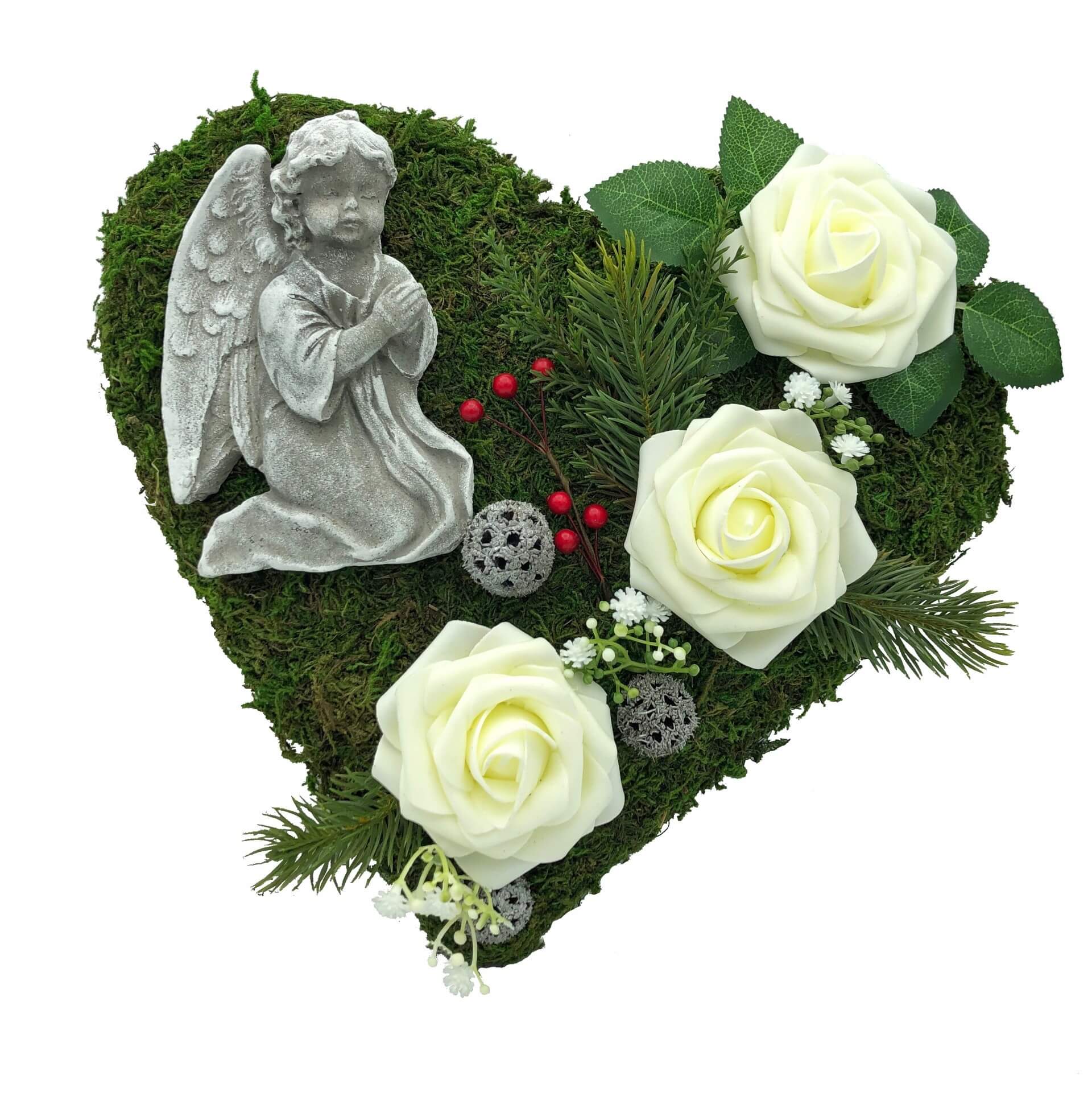 Grabgesteck Gesteck mit Engel - 30cm- 3 weiße Rosen