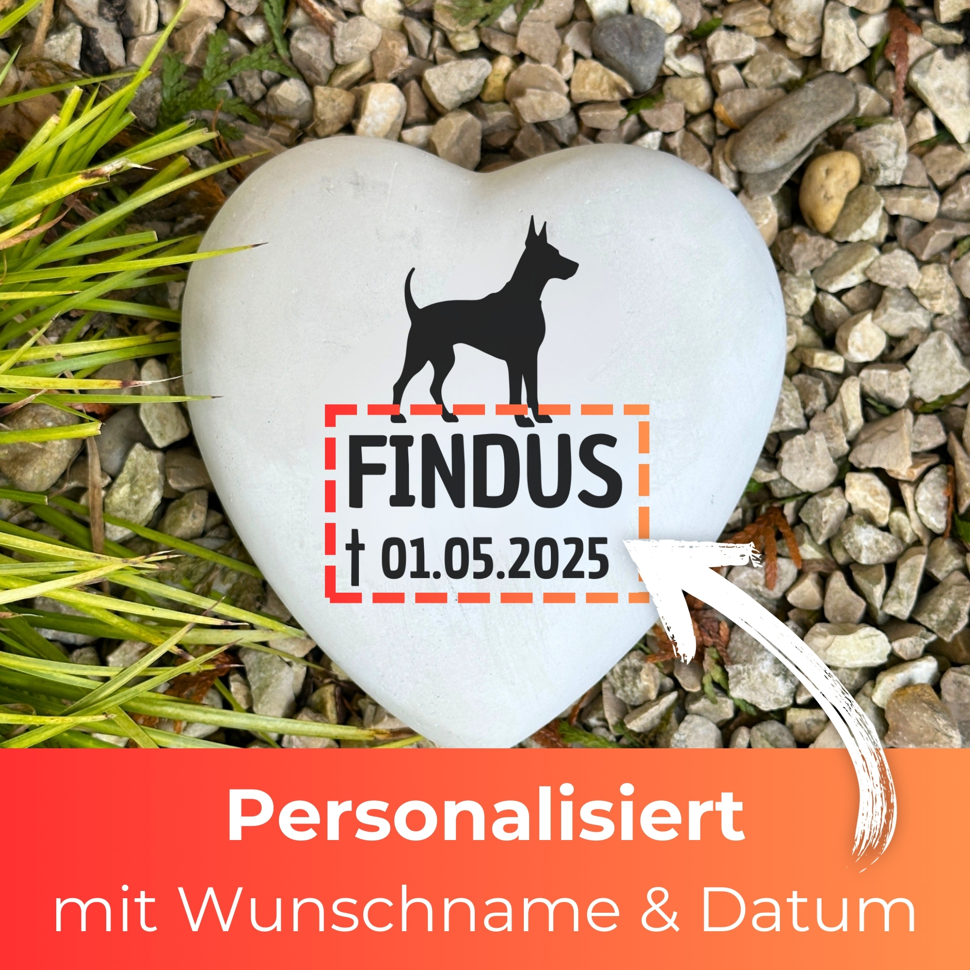 Personalisiertes Hunde Dobermann Grabherz mit Name – Grabschmuck mit Gravur | 13 cm Steinguss Herz | Andenken, Grabstein, wetterfest