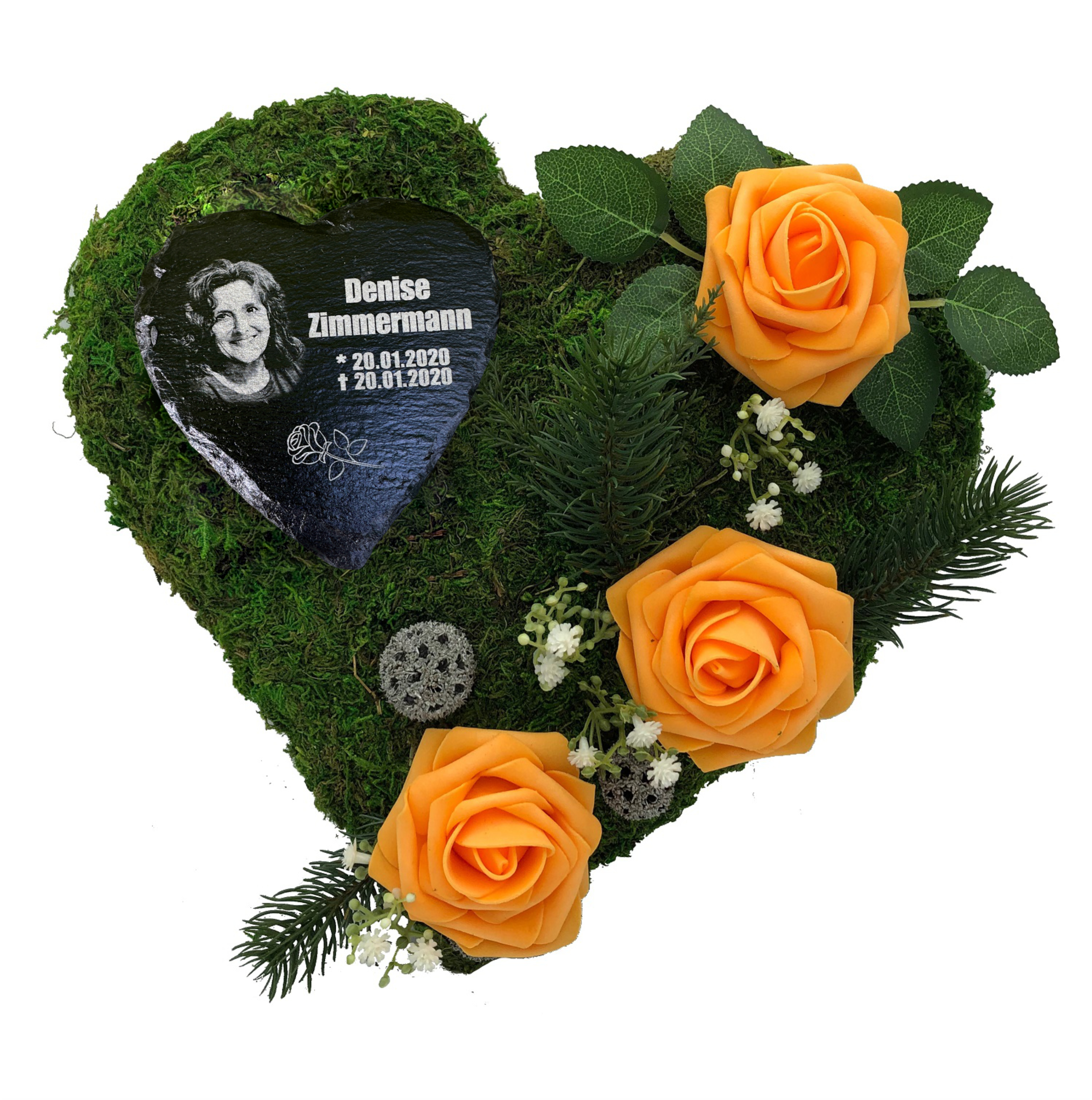 Grab Gesteck Grabgesteck Grabschmuck Grabaufleger Moosherz Schieferherz Gravur und Foto ORANGE Grab Gesteck Grabgesteck Grabschmuck Grabaufleger Moosherz Schieferherz Gravur und Foto ORANGE
