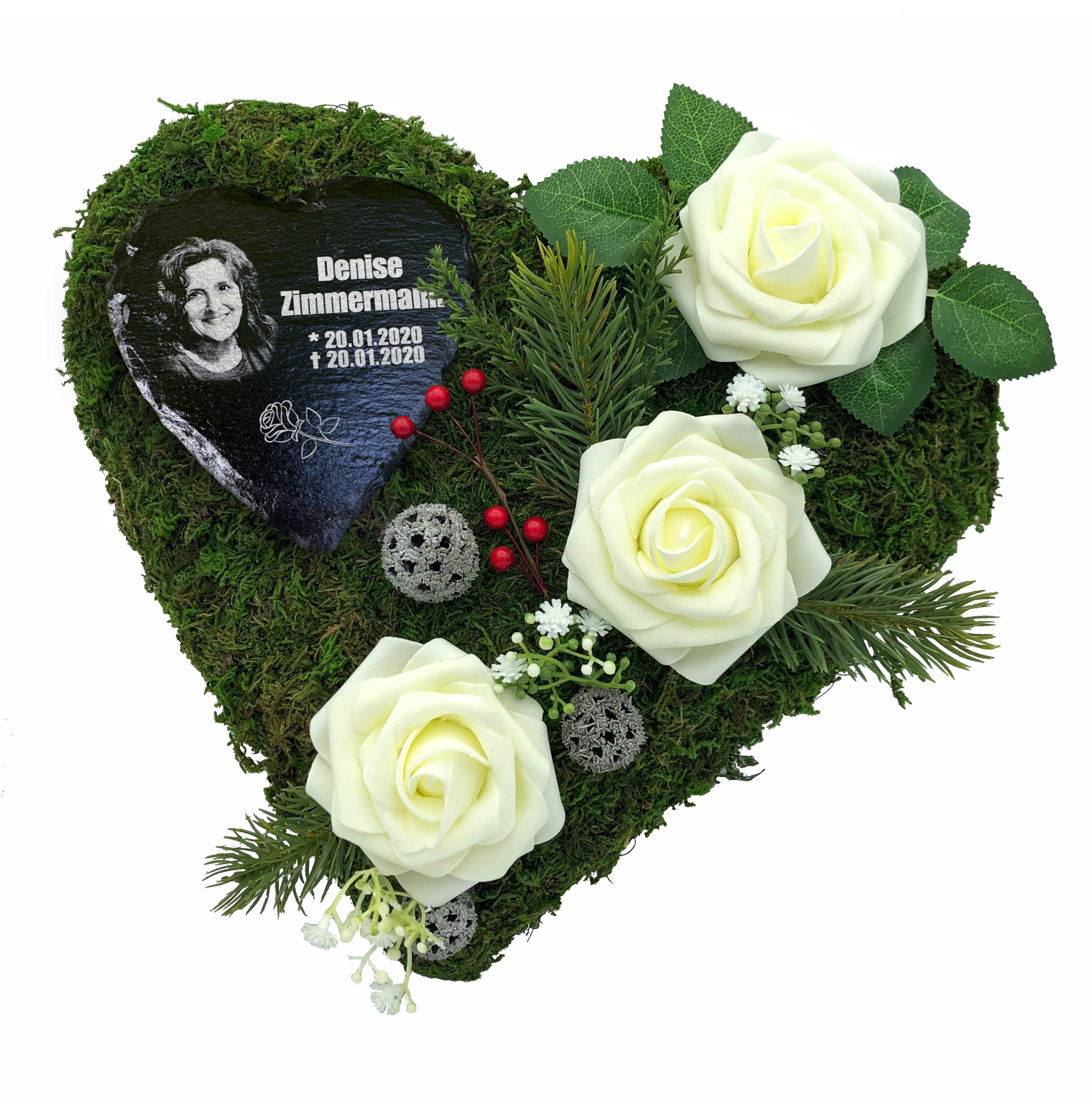 Grab Gesteck Grabgesteck Grabschmuck Grabaufleger Moosherz Schieferherz Gravur und Foto WEIß Grab Gesteck Grabgesteck Grabschmuck Grabaufleger Moosherz Schieferherz Gravur und Foto WEIß