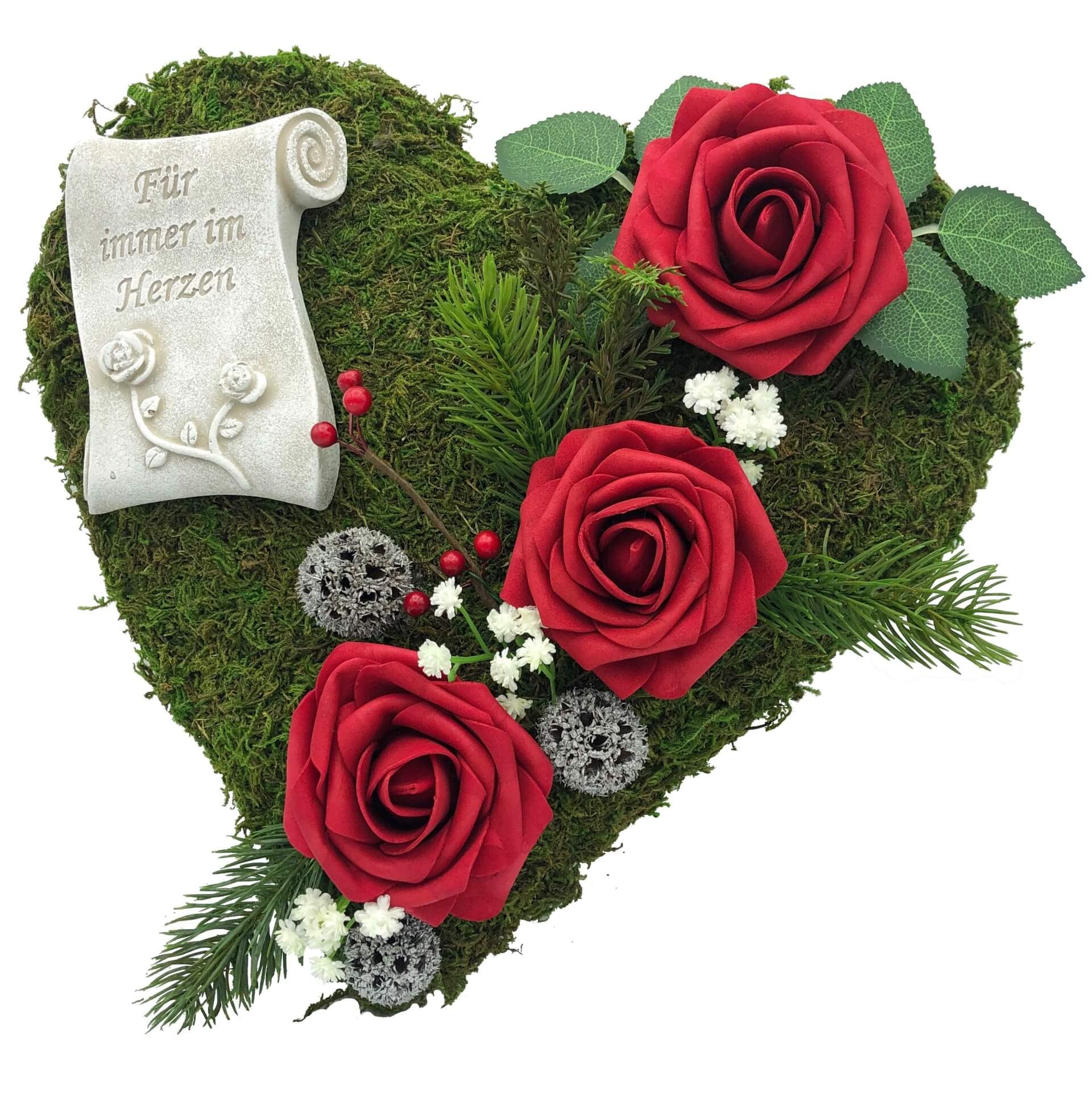 Grabgesteck "Für immer im Herzen" 30cm 3 Rosen rot