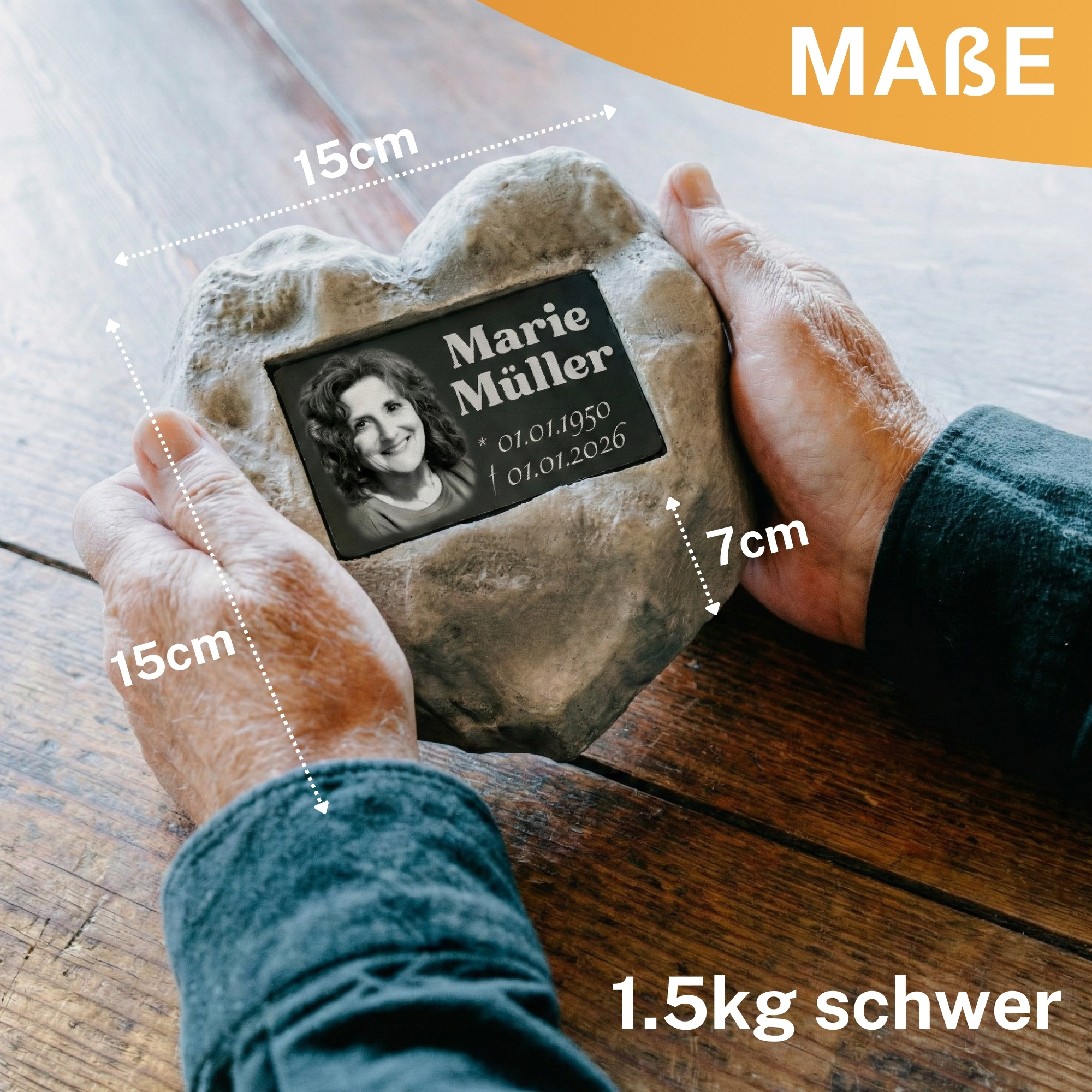 Personalisierter Gedenkstein mit Foto & Gravur | Wetterfester Grabstein aus Steinguss für Außen – Individuelle Grabplatte mit Bild & Namen – Stilvoller Grabschmuck für Friedhof & Garten | Maße