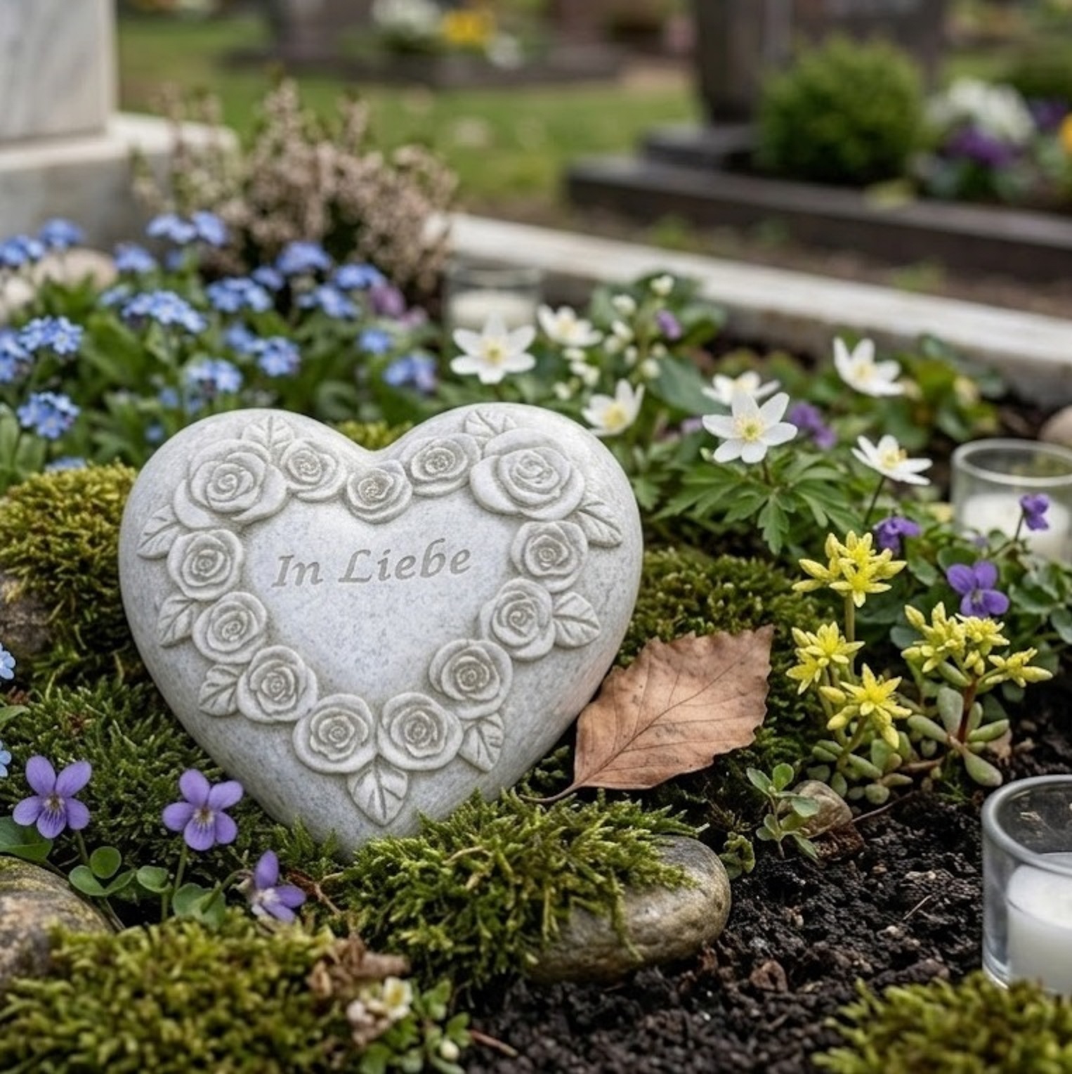 Grabherz Gedenkstein mit Rosenherz- In Liebe - Grabschmuck Grabdeko Trauerherz 8cm