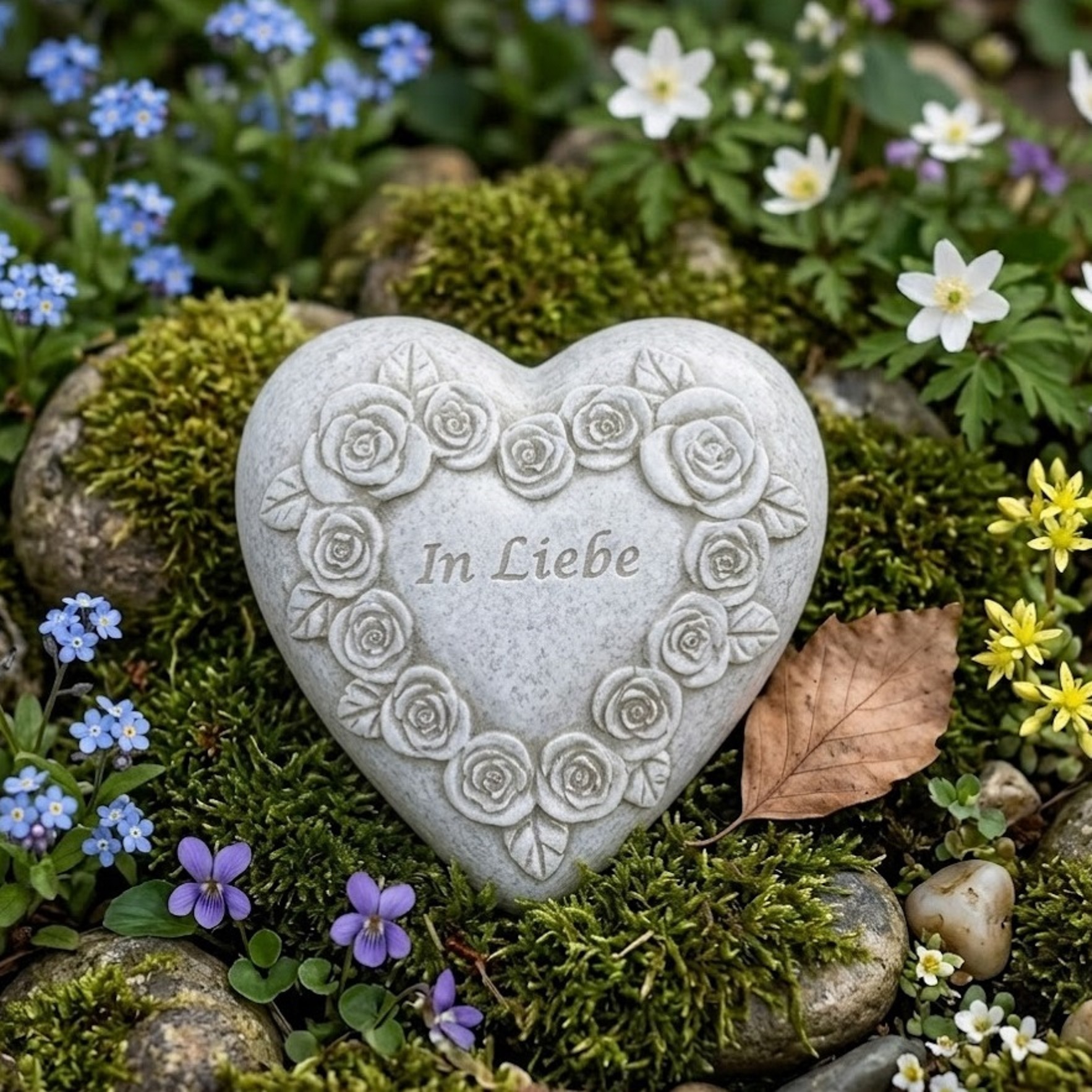 Grabherz Gedenkstein mit Rosenherz- In Liebe - Grabschmuck Grabdeko Trauerherz 8cm