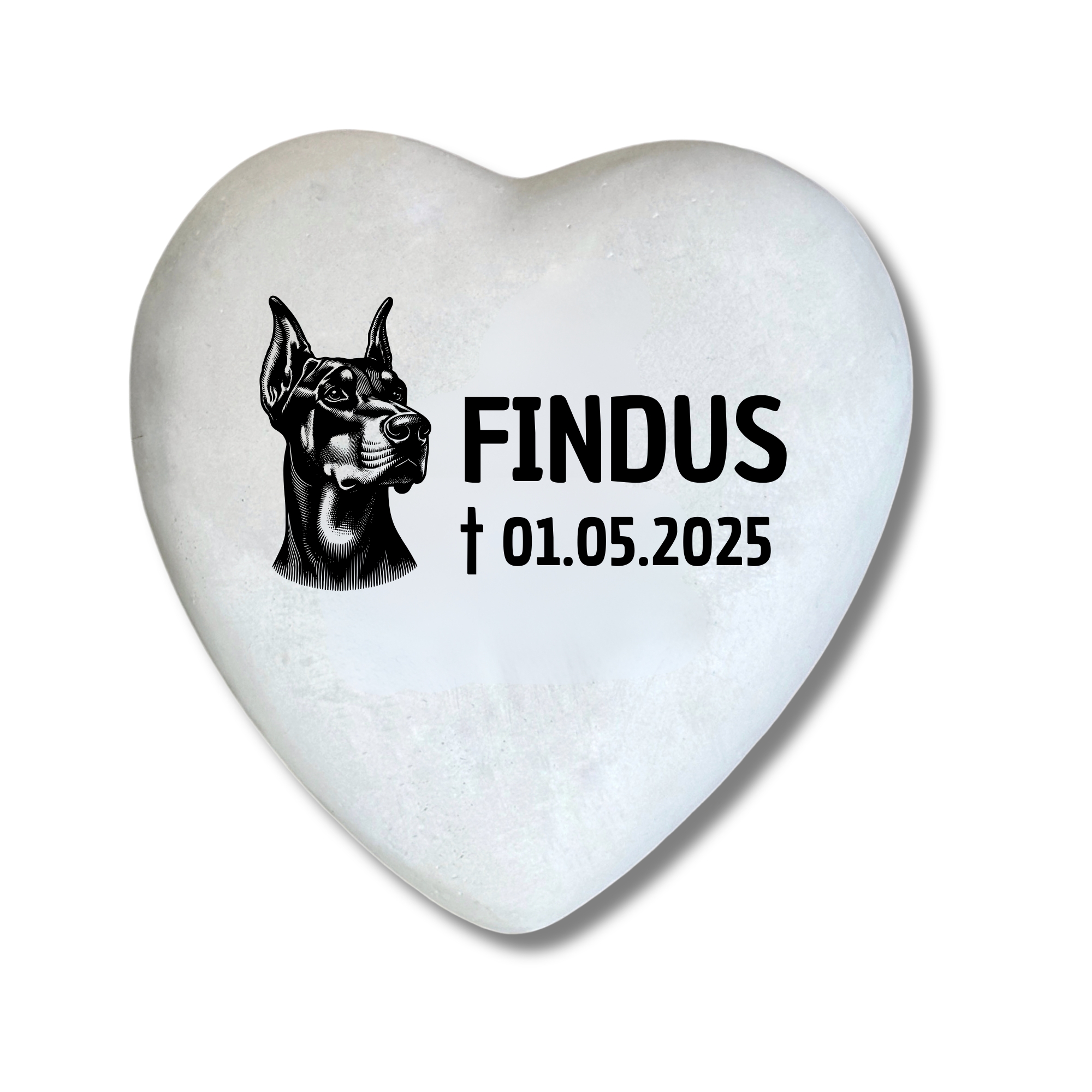 Personalisiertes Hunde Dobermann Grabherz mit Name – Grabschmuck mit Gravur | 13 cm Steinguss Herz | Andenken, Grabstein, wetterfest