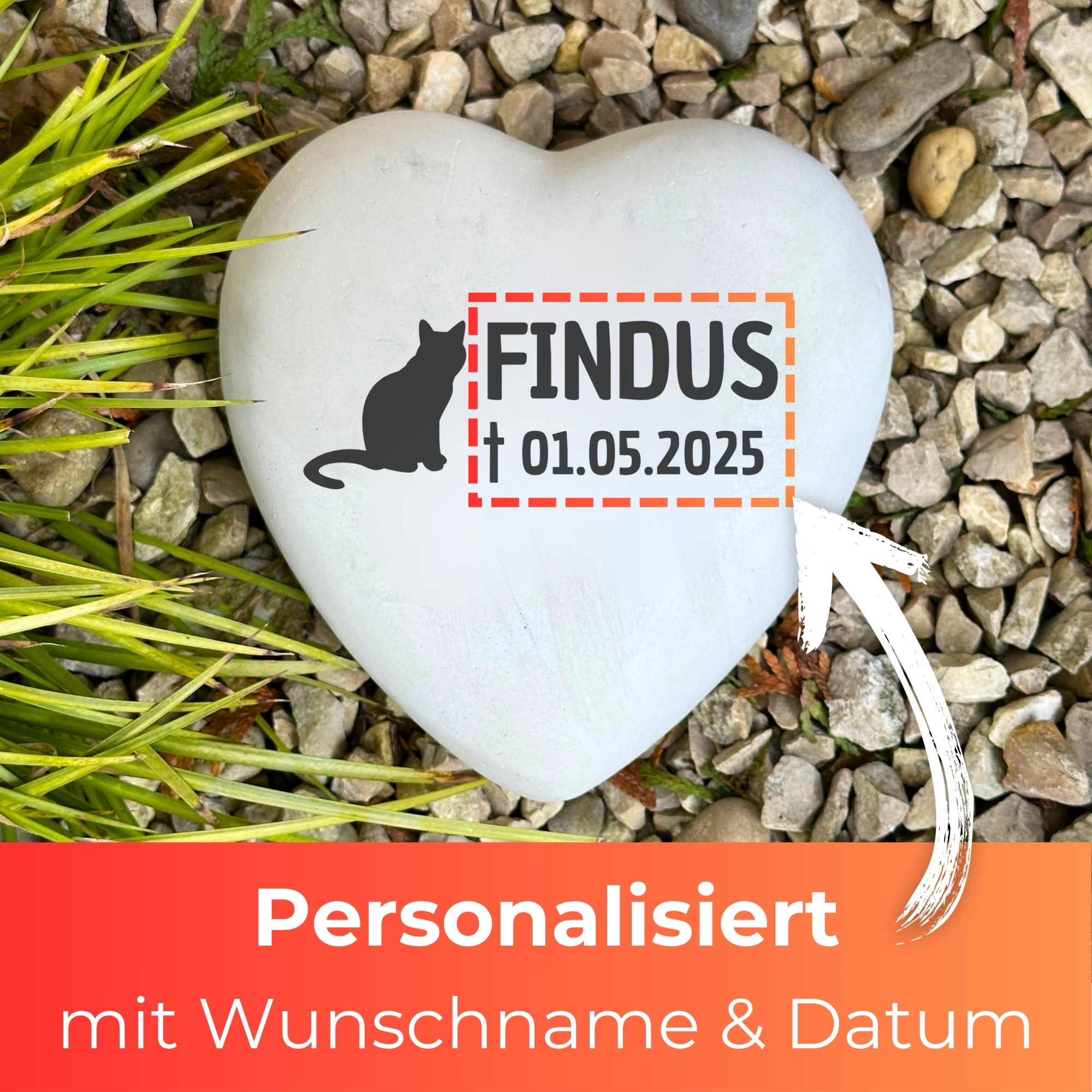 Personalisiertes Katze/Kater Grabherz mit Name – Grabschmuck mit Gravur | 13 cm Steinguss Herz | Andenken, Grabstein, wetterfest