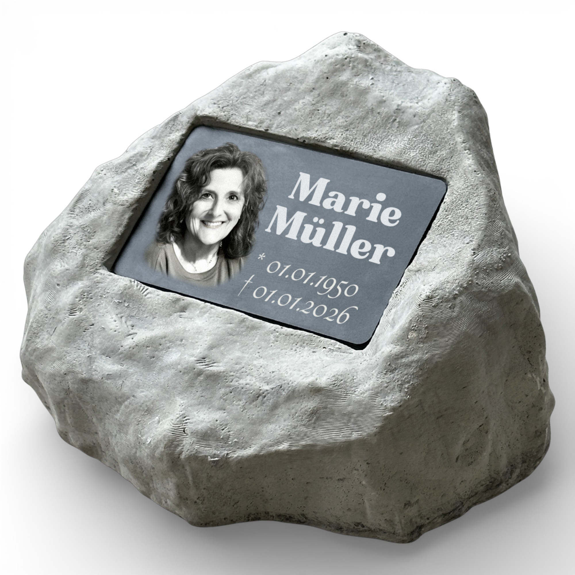 Personalisierter Gedenkstein mit Foto & Gravur | Wetterfester Grabstein aus Steinguss für Außen – Individuelle Grabplatte mit Bild & Namen – Stilvoller Grabschmuck für Friedhof & Garten