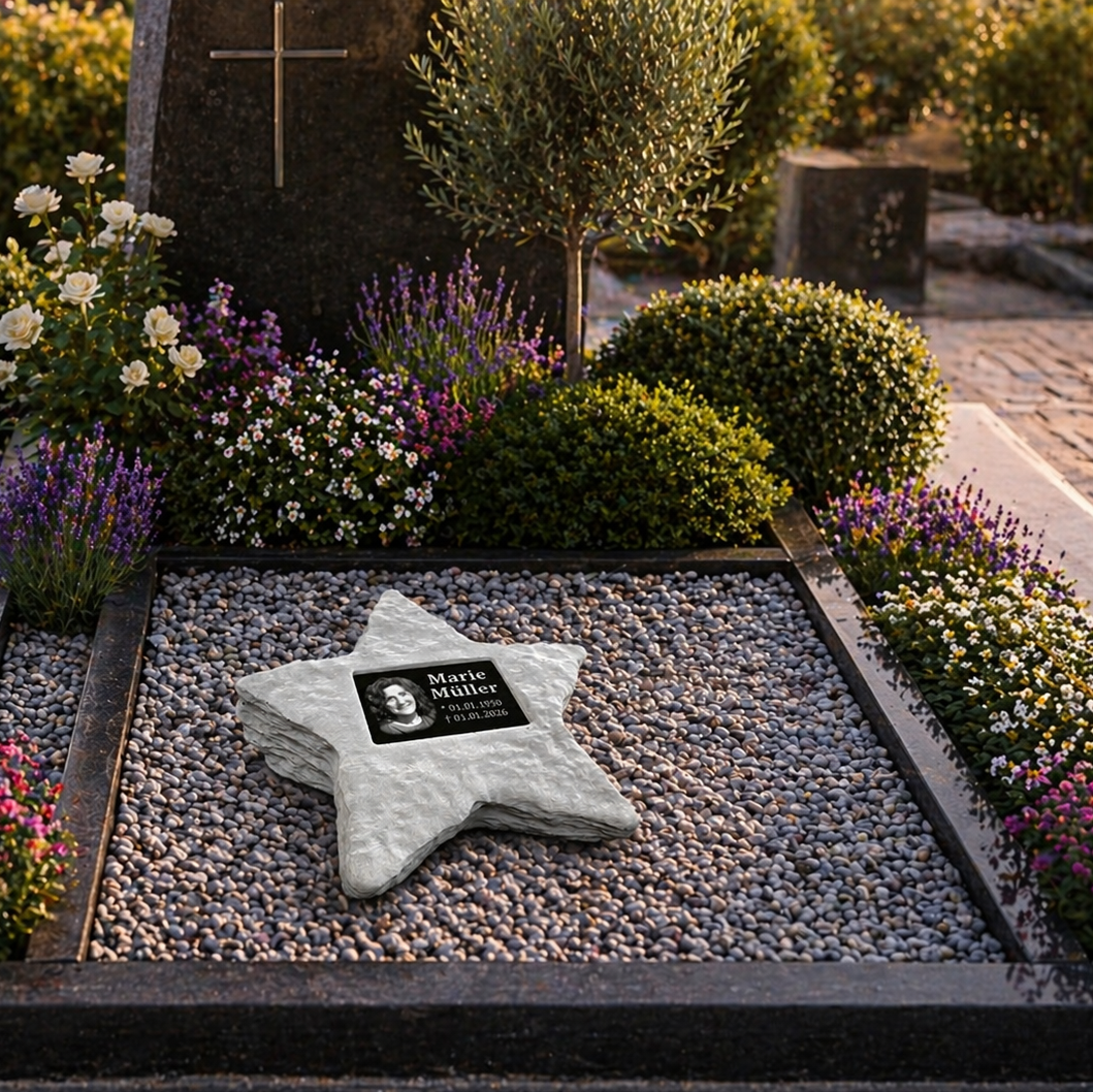 Personalisierter Gedenkstein Stern mit Foto & Gravur | Wetterfester Erinnerungsstein aus Steinguss für Außen | Individuelle Grabplatte mit Bild & Namen | Sternenkinder Gedenkstein | Stilvoller Grabschmuck für Friedhof & Garten