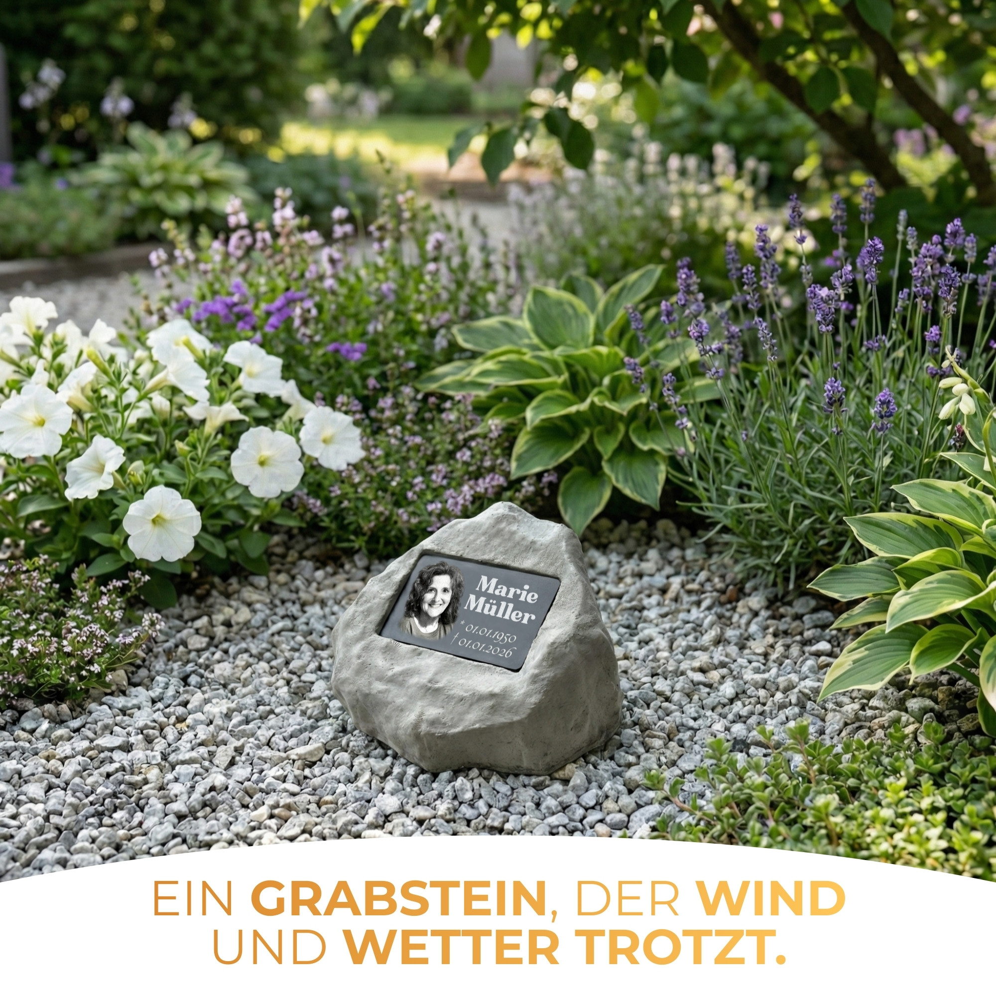 Personalisierter Gedenkstein mit Foto & Gravur | Wetterfester Grabstein aus Steinguss für Außen – Individuelle Grabplatte mit Bild & Namen – Stilvoller Grabschmuck für Friedhof & Garten