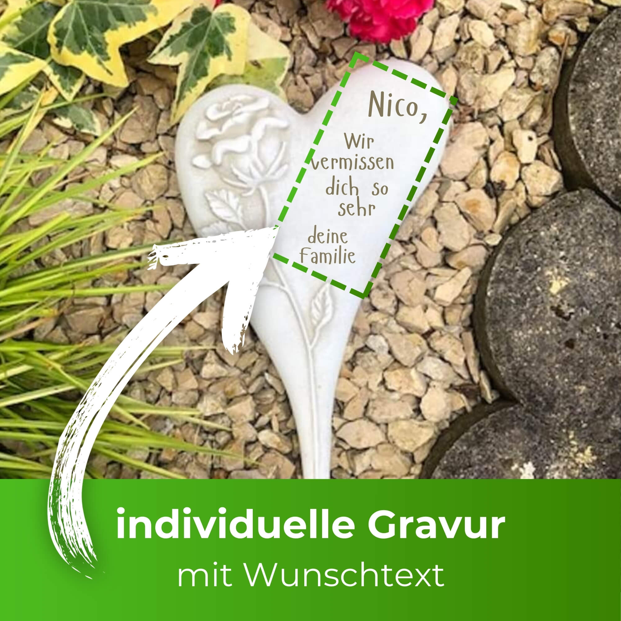 Grabherz Herz mit Rose Grabschmuck Trauerherz asymetrisch 20cm 500g und persönlicher Gravur Grabherz Herz mit Rose Grabschmuck Trauerherz asymetrisch 20cm 500g und persönlicher Gravur