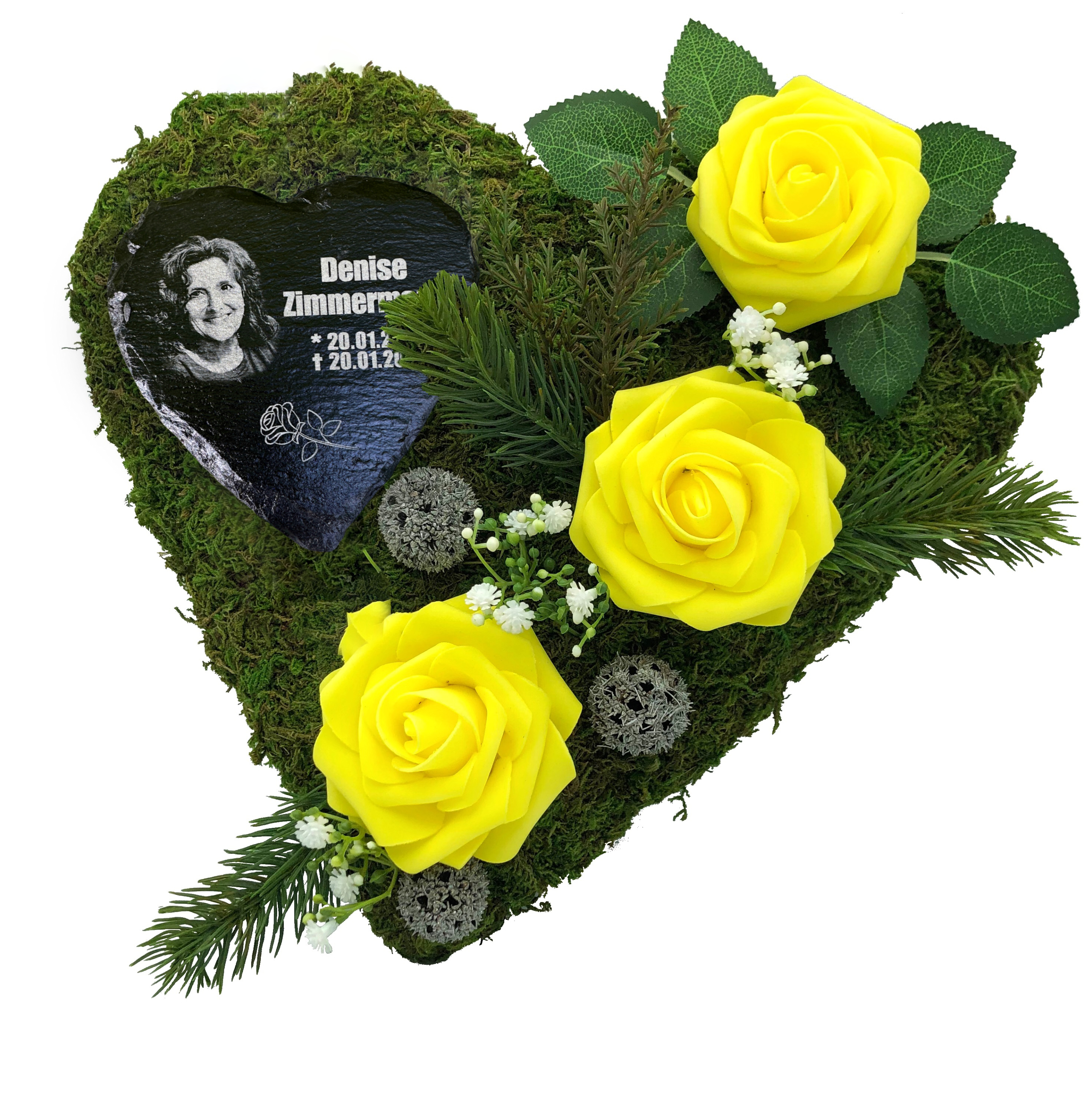 Grab Gesteck Grabgesteck Grabschmuck Grabaufleger Moosherz Schieferherz Gravur und Foto GELB Grab Gesteck Grabgesteck Grabschmuck Grabaufleger Moosherz Schieferherz Gravur und Foto GELB