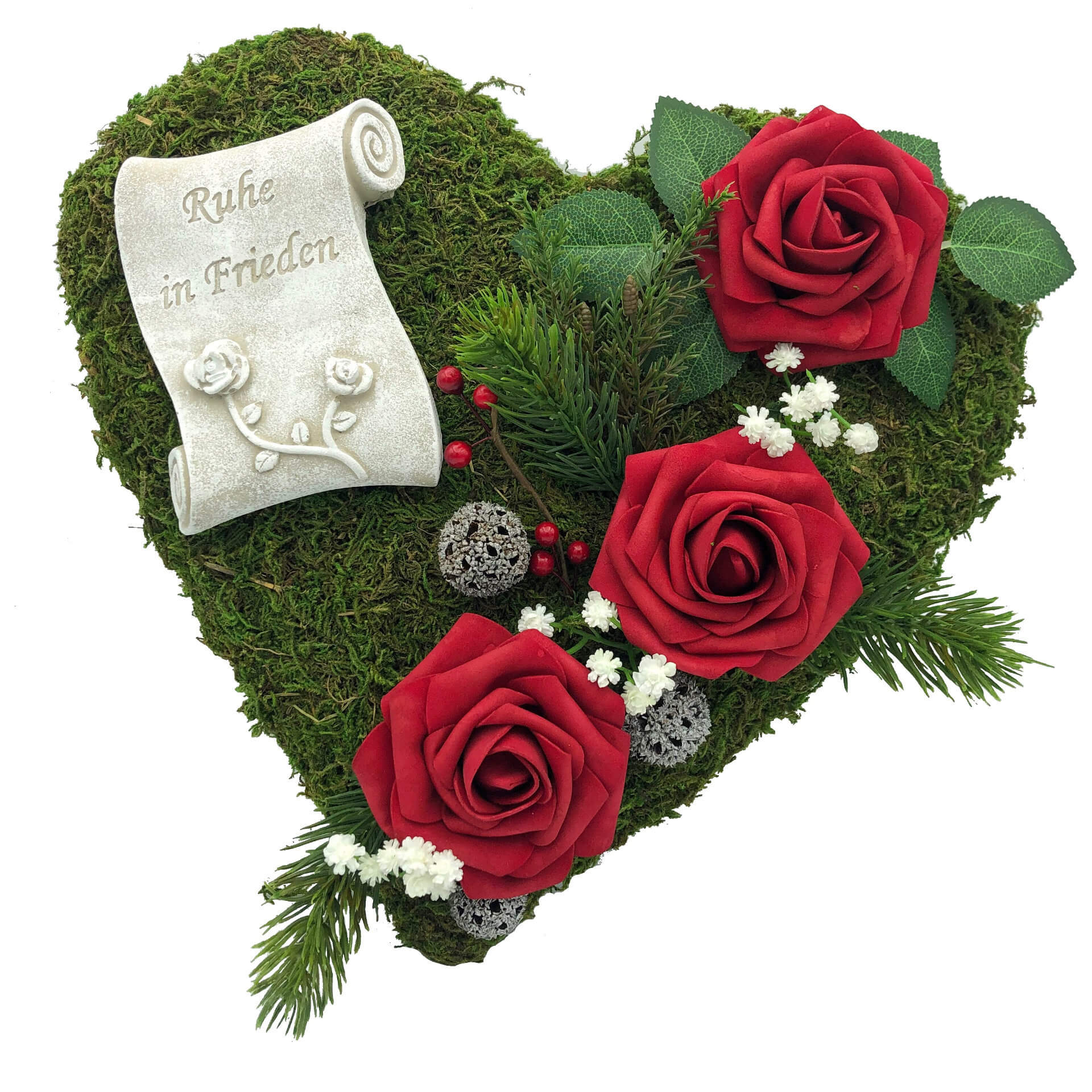 Grabgesteck Grabschmuck Moosherz Grabherz Trauerherz Gesteck - Ruhe in Frieden - 30cm 3 Rosen rot Grabgesteck Grabschmuck Moosherz Grabherz Trauerherz Gesteck - Ruhe in Frieden - 30cm 3 Rosen rot