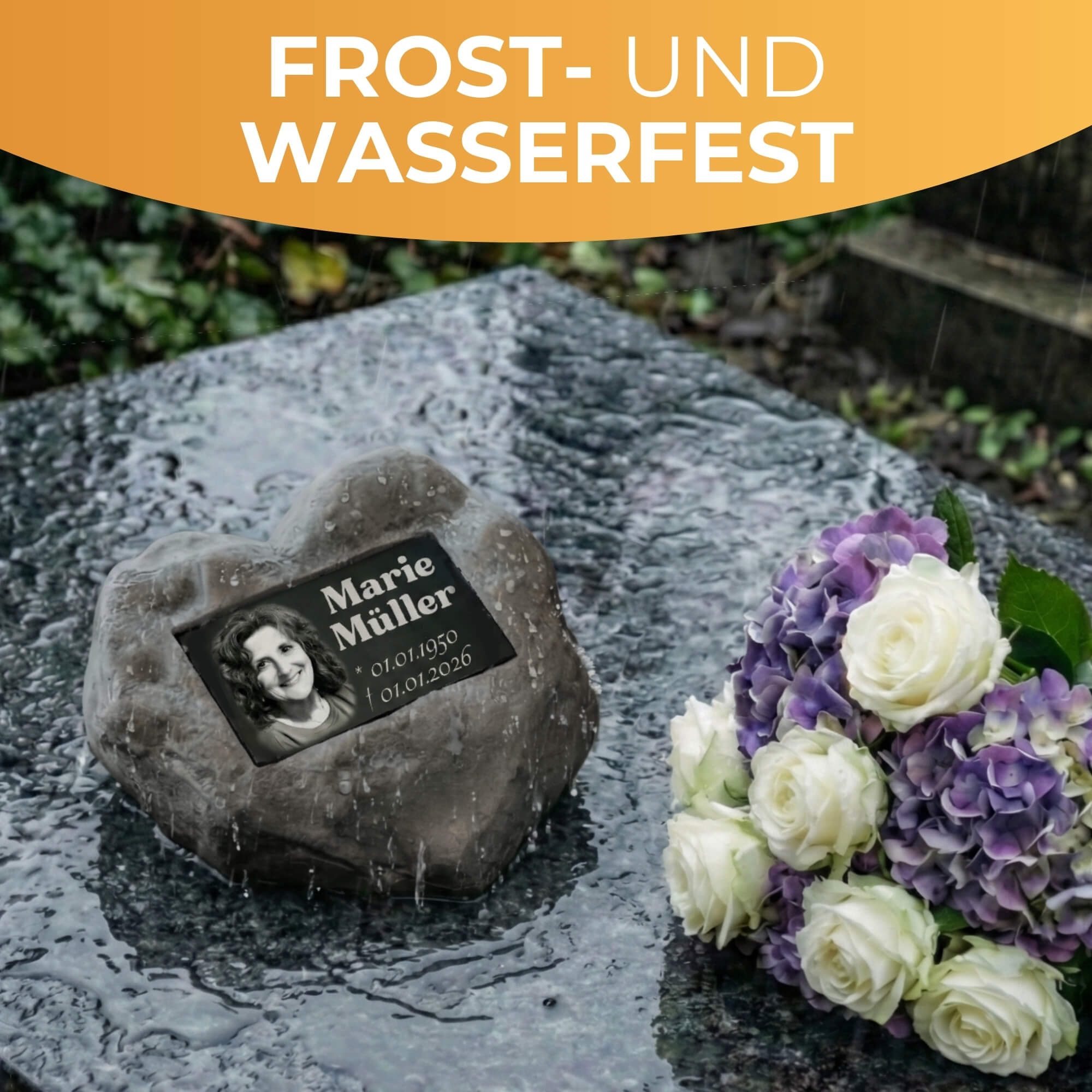 Personalisierter Gedenkstein mit Foto & Gravur | Wetterfester Grabstein aus Steinguss für Außen – Individuelle Grabplatte mit Bild & Namen – Stilvoller Grabschmuck für Friedhof & Garten | Maße