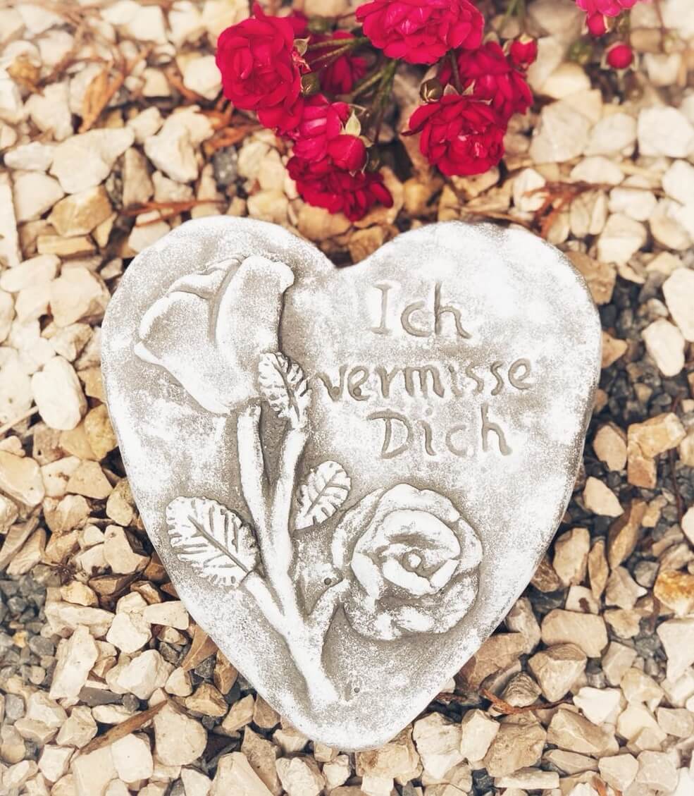 Grabherz Spruch - Ich vermisse Dich - Grabschmuck Dekoherz Steinguss Herz Rose hell