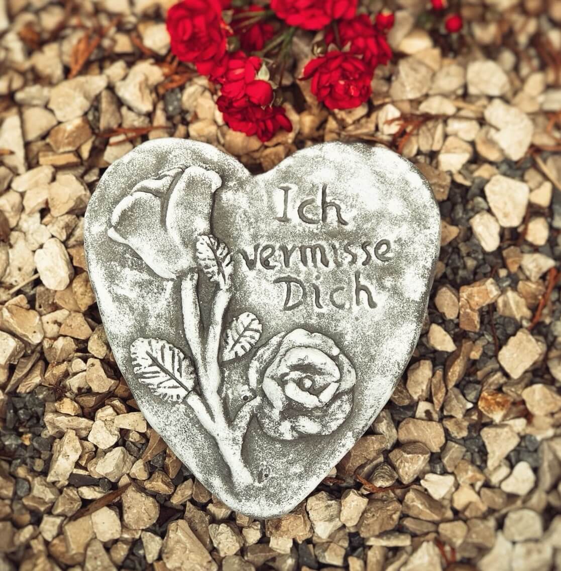 Grabherz Spruch - Ich vermisse Dich - Grabschmuck Dekoherz Steinguss Herz Rose dunkel