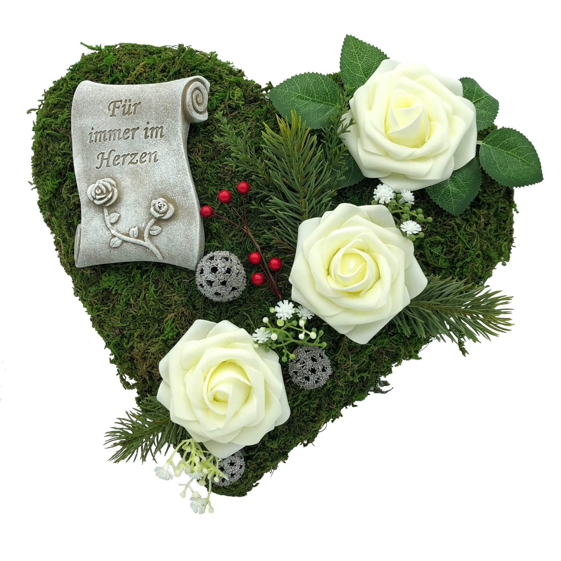 Grabgesteck "Für immer im Herzen" 30cm 3 weiße Rosen