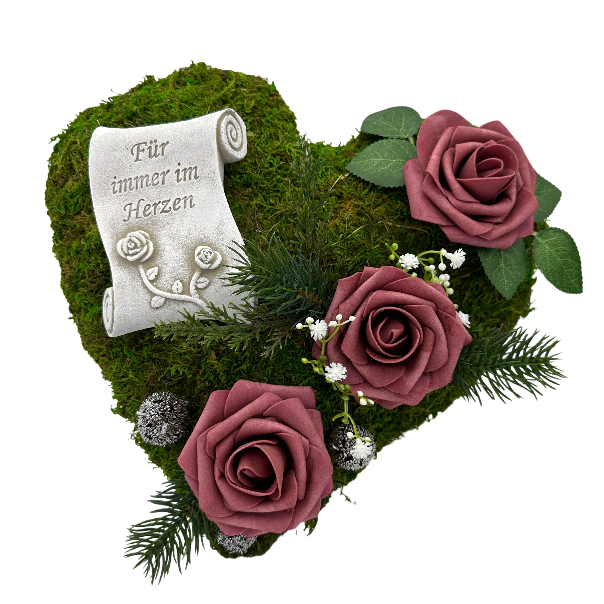 Grabgesteck "Für immer im Herzen" 30cm 3 Rosen bordeaux Grabgesteck "Für immer im Herzen" 30cm 3 Rosen bordeaux