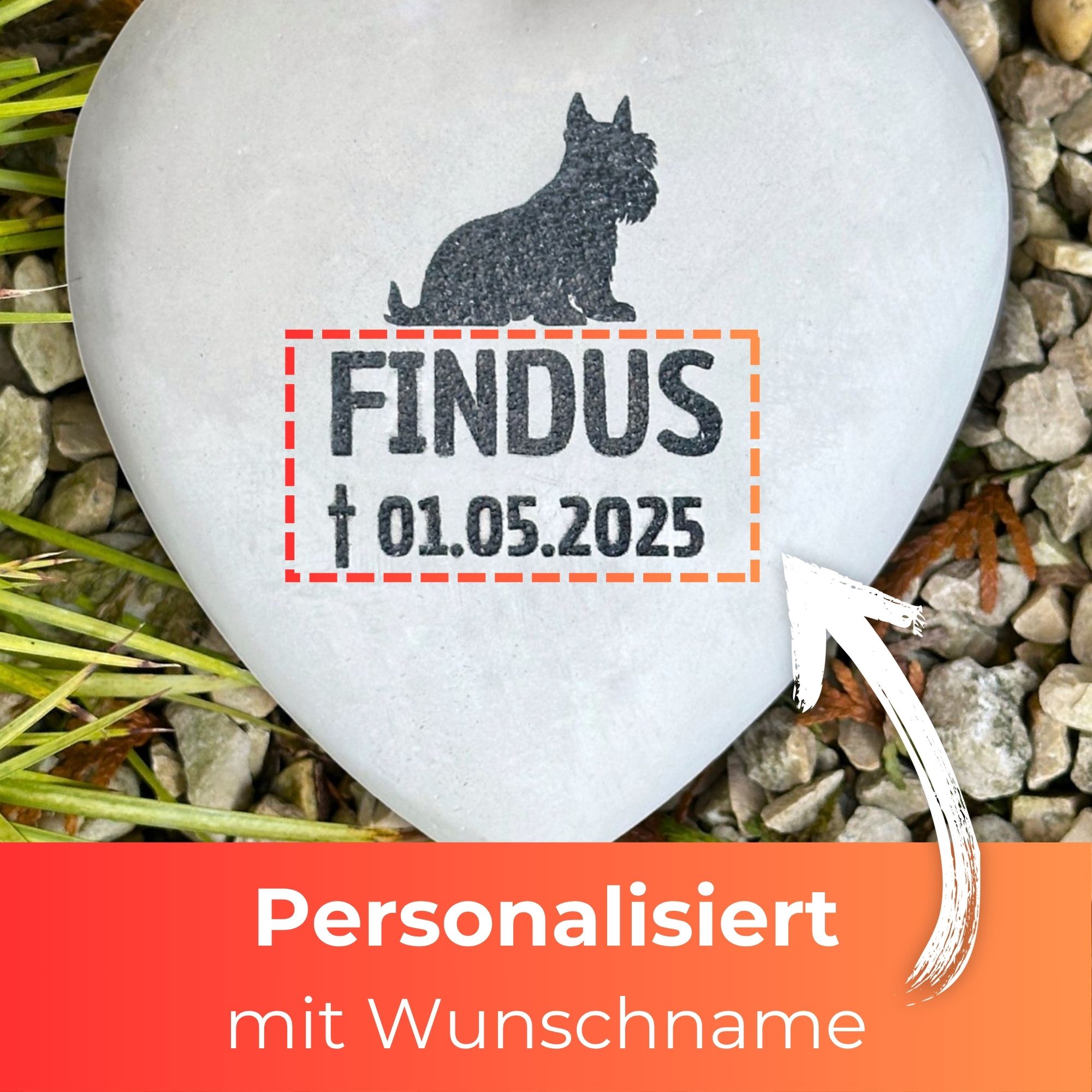 Personalisiertes Hund (Zwergschnauzer) Grabherz mit Name – Grabschmuck mit Gravur | 13 cm Steinguss Herz | Andenken, Grabstein, wetterfest