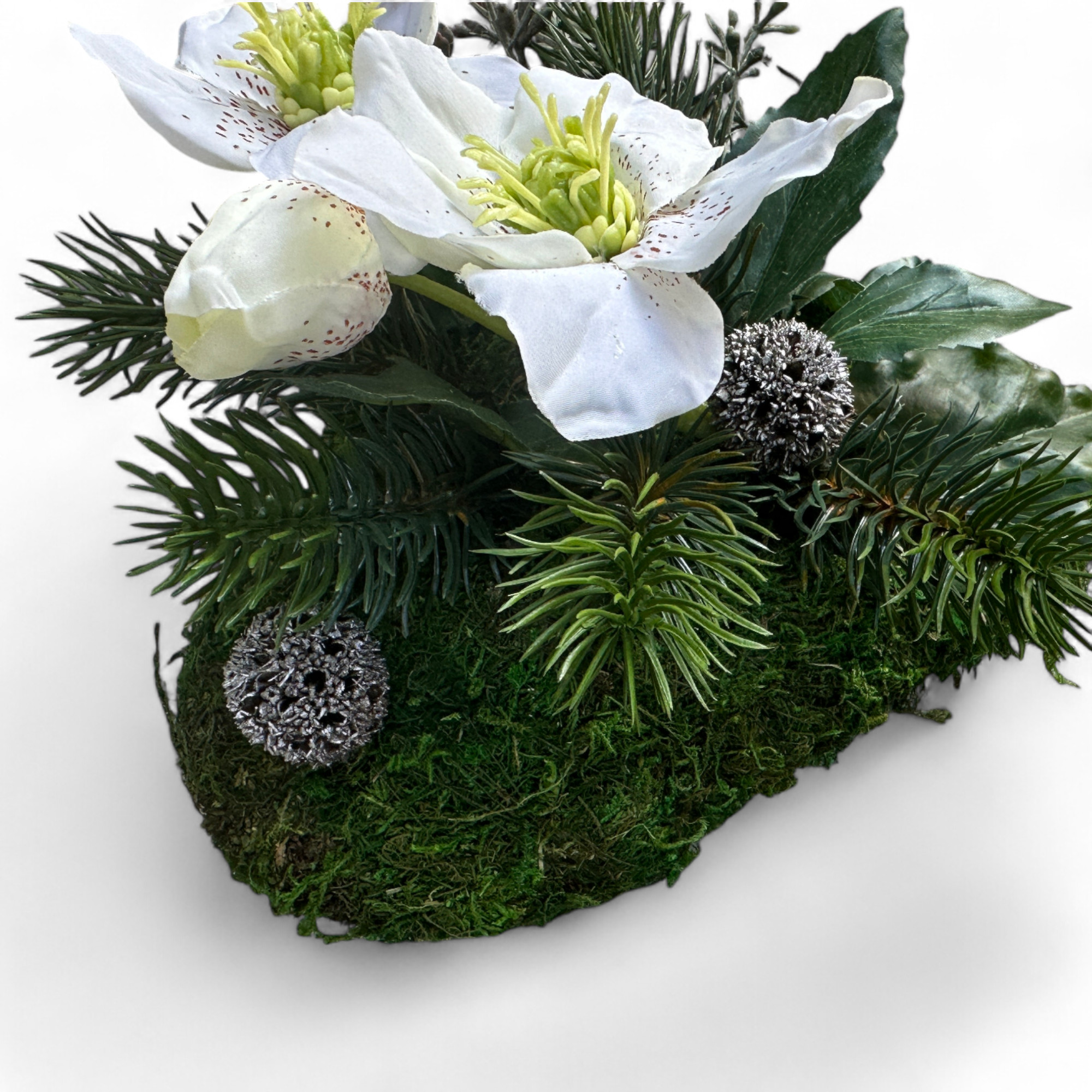 Grabgesteck Grabschmuck Moosherz Grabherz Trauerherz Grab Herz Gesteck Eisblume weiß