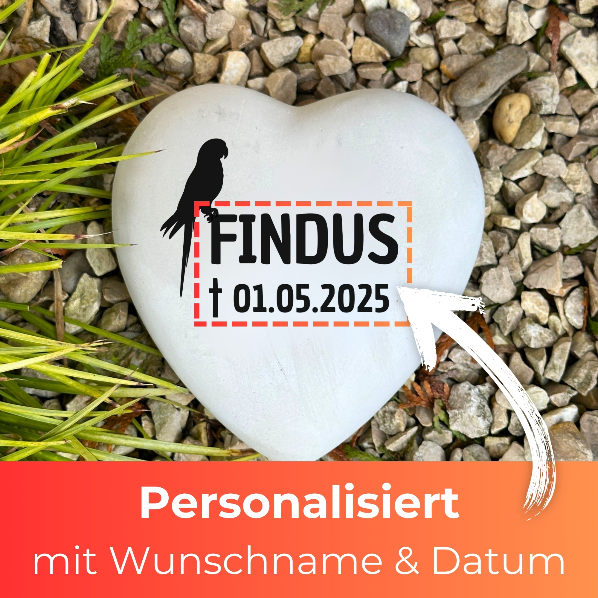 Personalisiertes Papageien Grabherz mit Name – Grabschmuck mit Gravur | 13 cm Steinguss Herz | Andenken, Grabstein, wetterfest