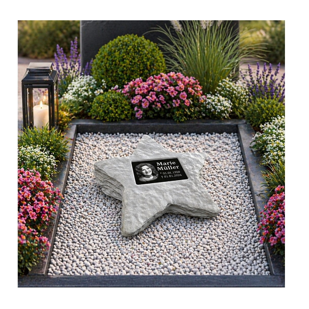 Personalisierter Gedenkstein Stern mit Foto & Gravur | Wetterfester Erinnerungsstein aus Steinguss für Außen | Individuelle Grabplatte mit Bild & Namen | Sternenkinder Gedenkstein | Stilvoller Grabschmuck für Friedhof & Garten