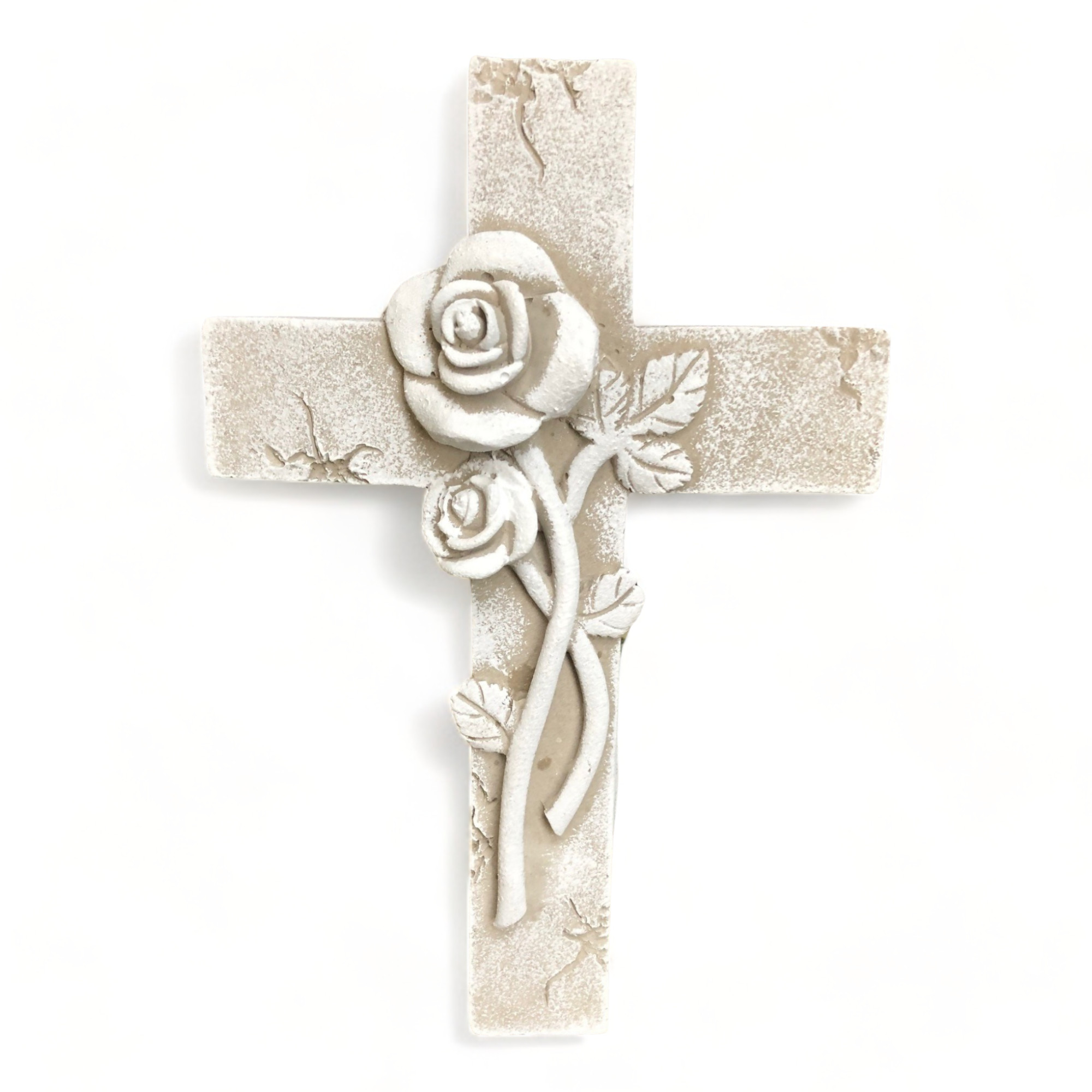 Grabgesteck Schmuck Kreuz mit 3D Rosen Grab Engel Gedenkstein Grabschmuck Grabdeko mit Draht zum befestigen Kreuz grau/weiß